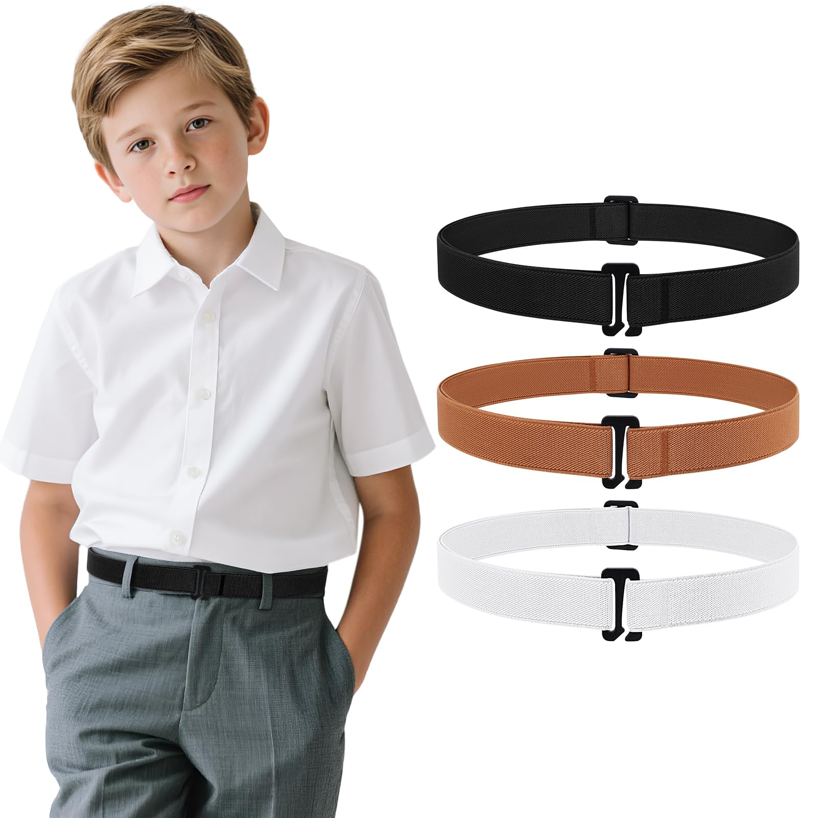 JASGOOD 3 Pack Kids No Show Stretch Belt for Boys Girls Jeans invisible Nickel Free Elastic Belt with Flat Buckle