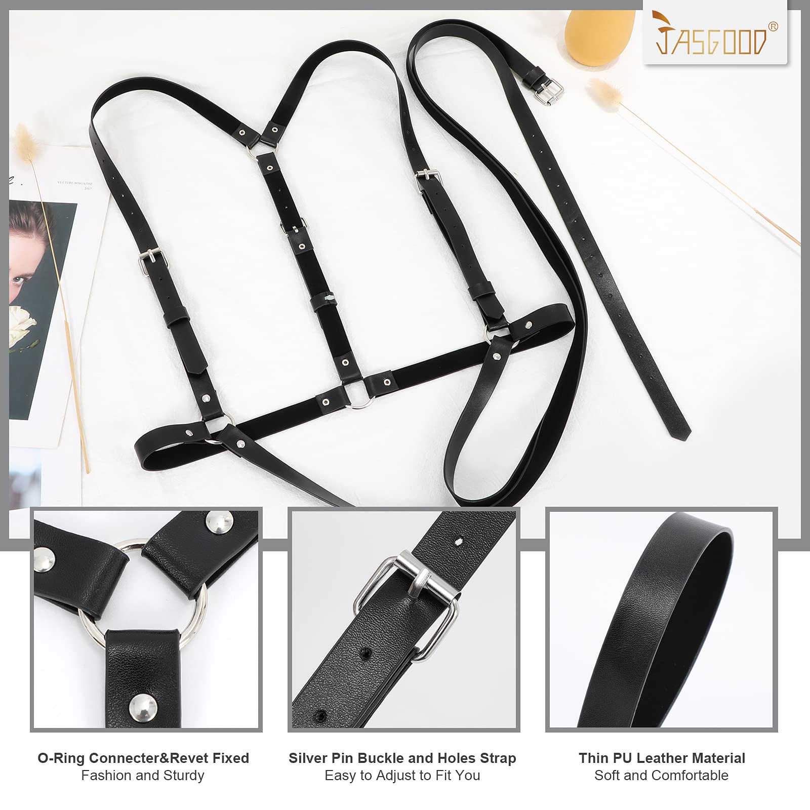 JASGOOD Punk Waist Belt Women PU Leather Skinny Body Adjustable Belts with Gothic Circle for Party