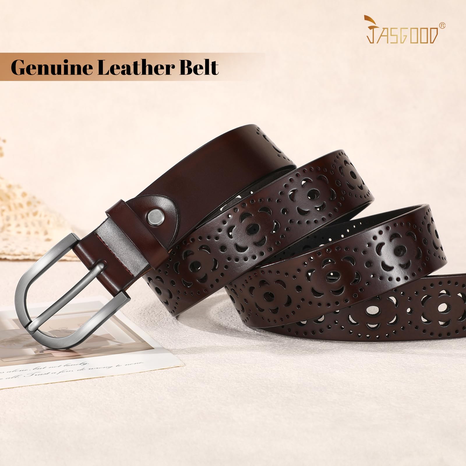 JASGOOD Hollow Genuine Leather Belt for Women Ladies Belt for Jeans Pants Casual Waist Belt - JASGOOD OFFICIAL