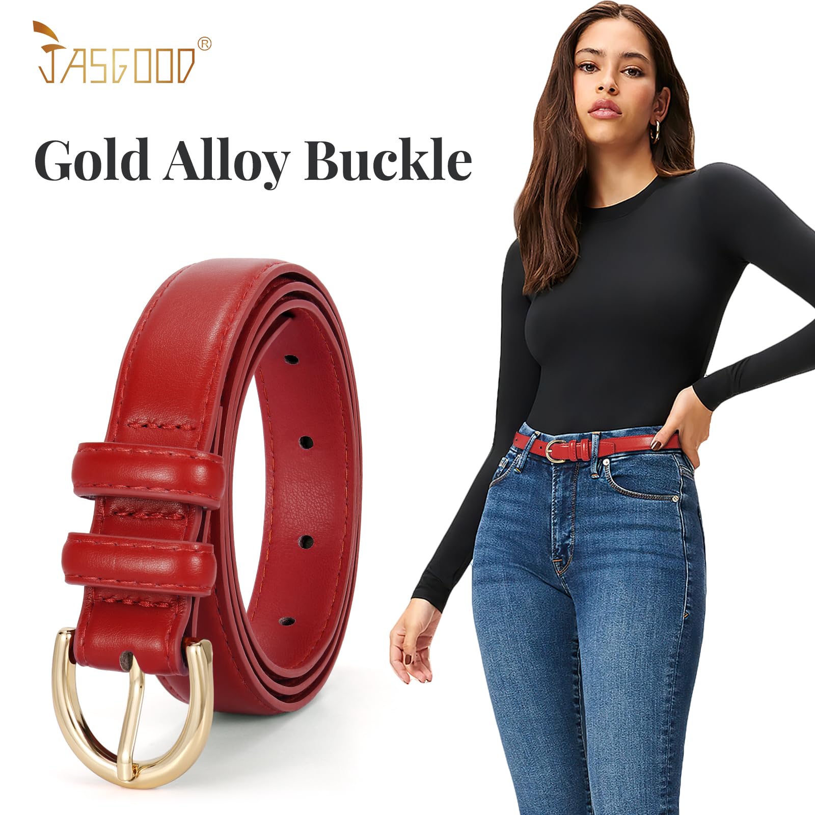 JASGOOD Women Leather Belt Fashion Dress Belt with Gold Buckle for Ladies Jeans Pants
