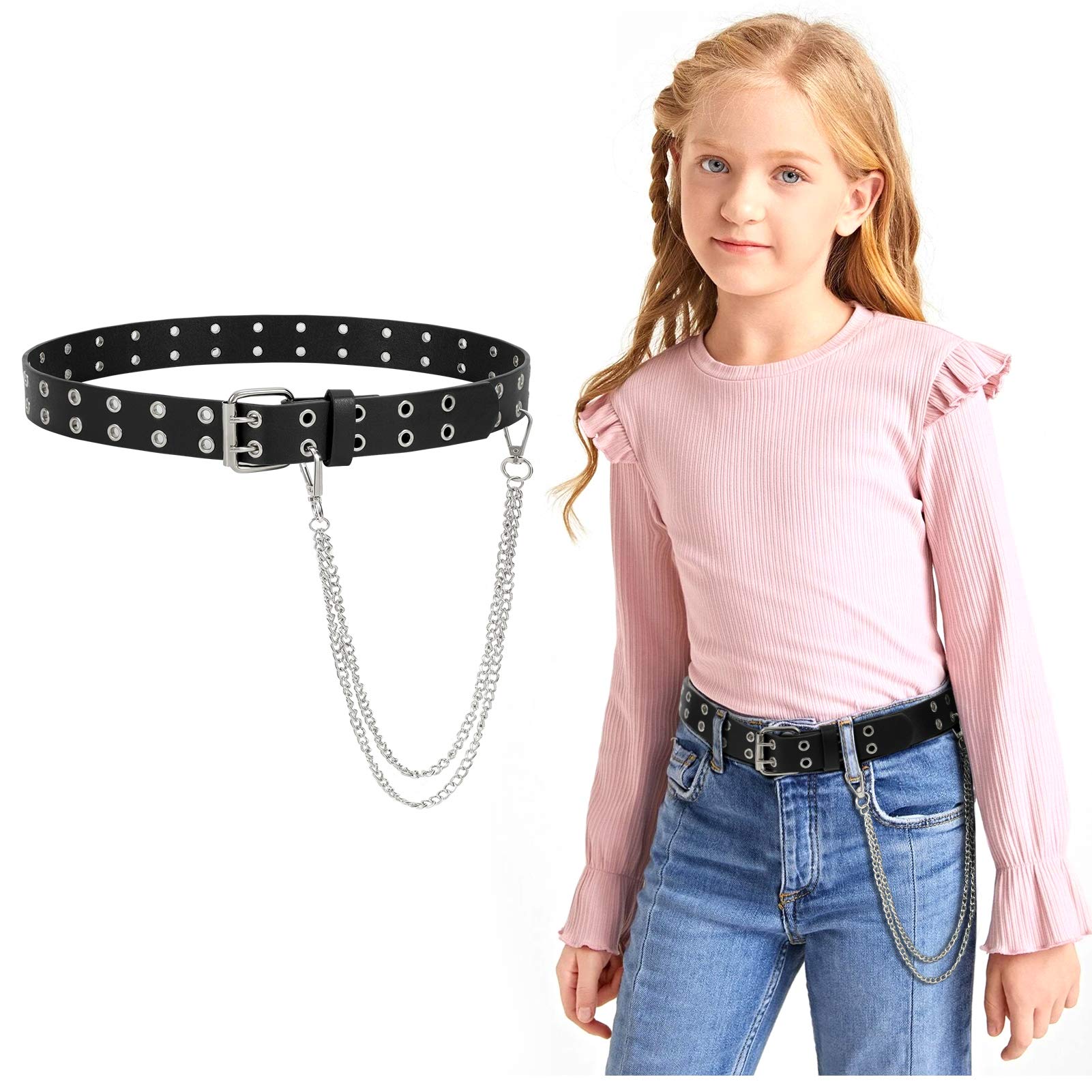 JASGOOD Kids Double Grommet Belt for Girls and Boys, PU Leather Kids Double Studded Holes Belt for Jeans Pants