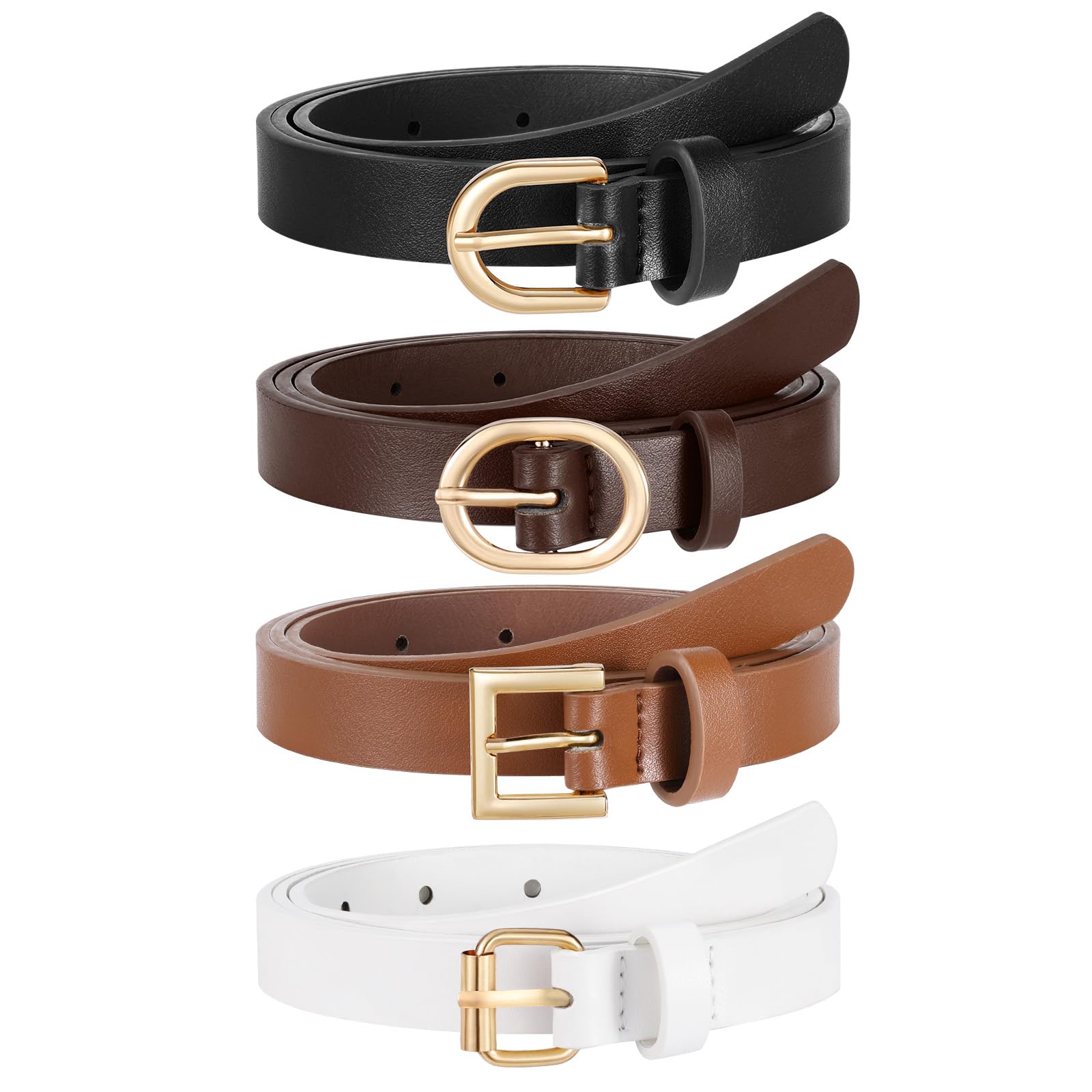 JASGOOD 4 Pack Women Skinny Leather Belt for Dresses with Gold Buckle Ladies Thin Waist Belt for Jeans Pants
