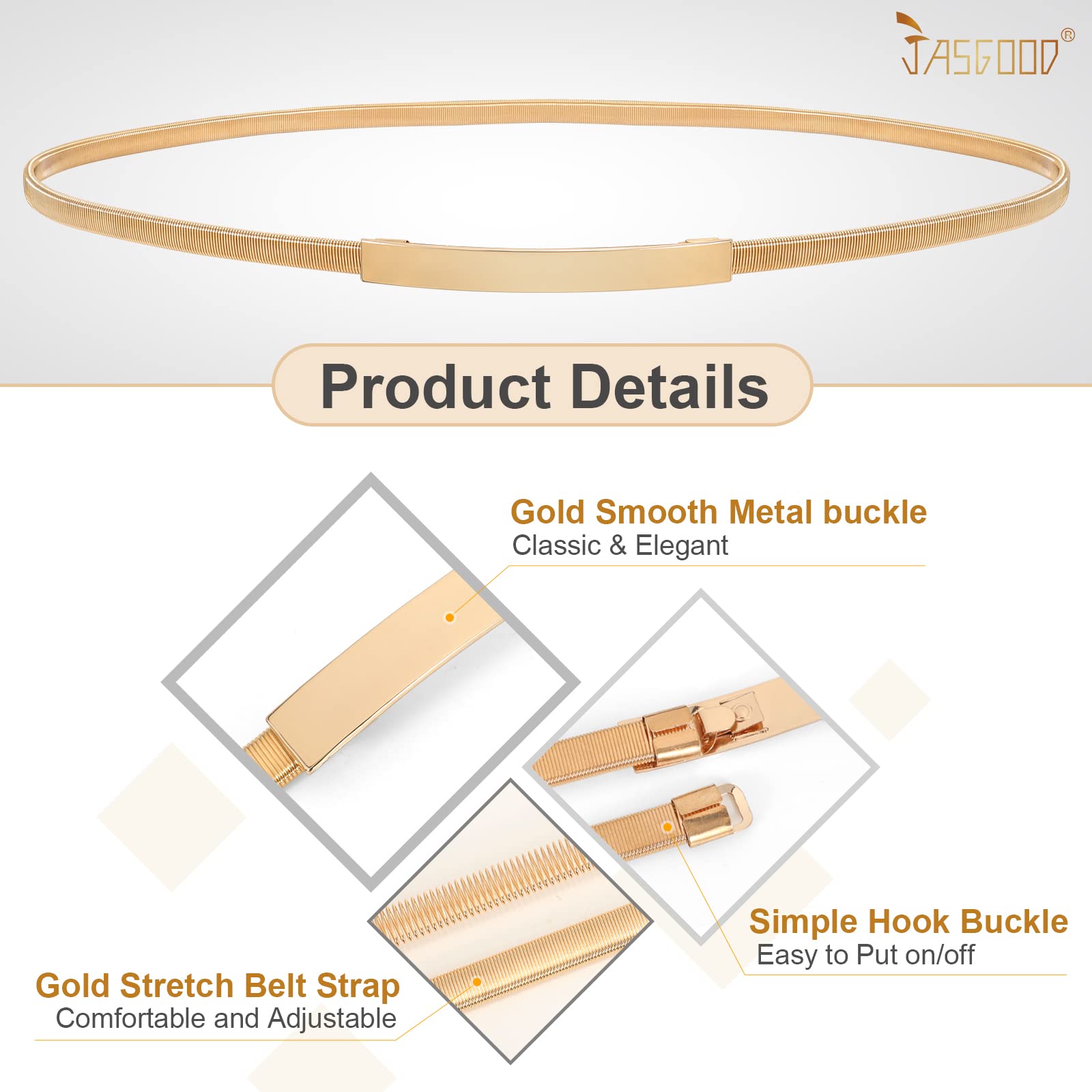 JASGOOD Kids Skinny Gold Metal Waist Belt for Girls Elastic Metal Chain Waist Belt
