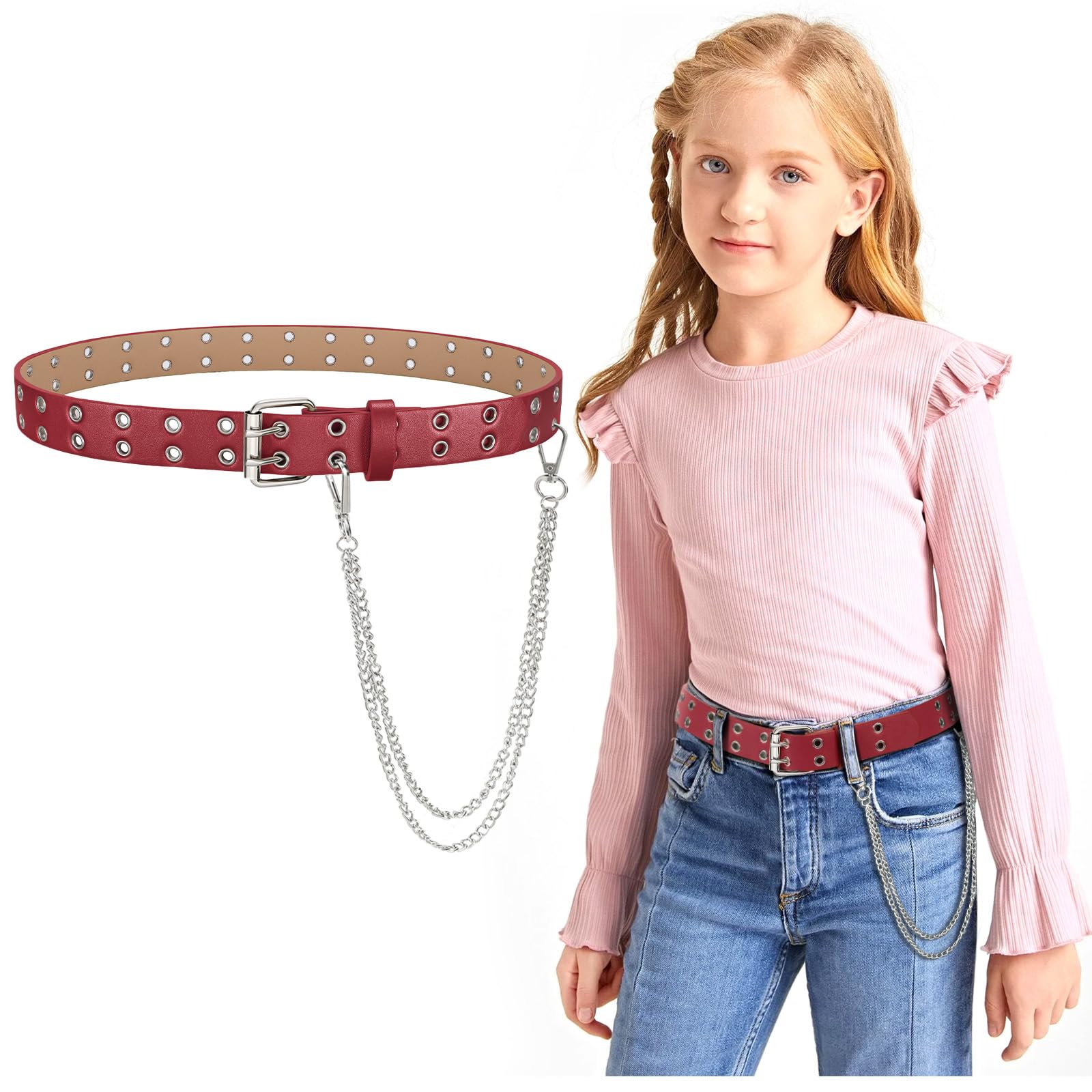 JASGOOD Kids Double Grommet Belt for Girls and Boys, PU Leather Kids Double Studded Holes Belt for Jeans Pants - JASGOOD OFFICIAL