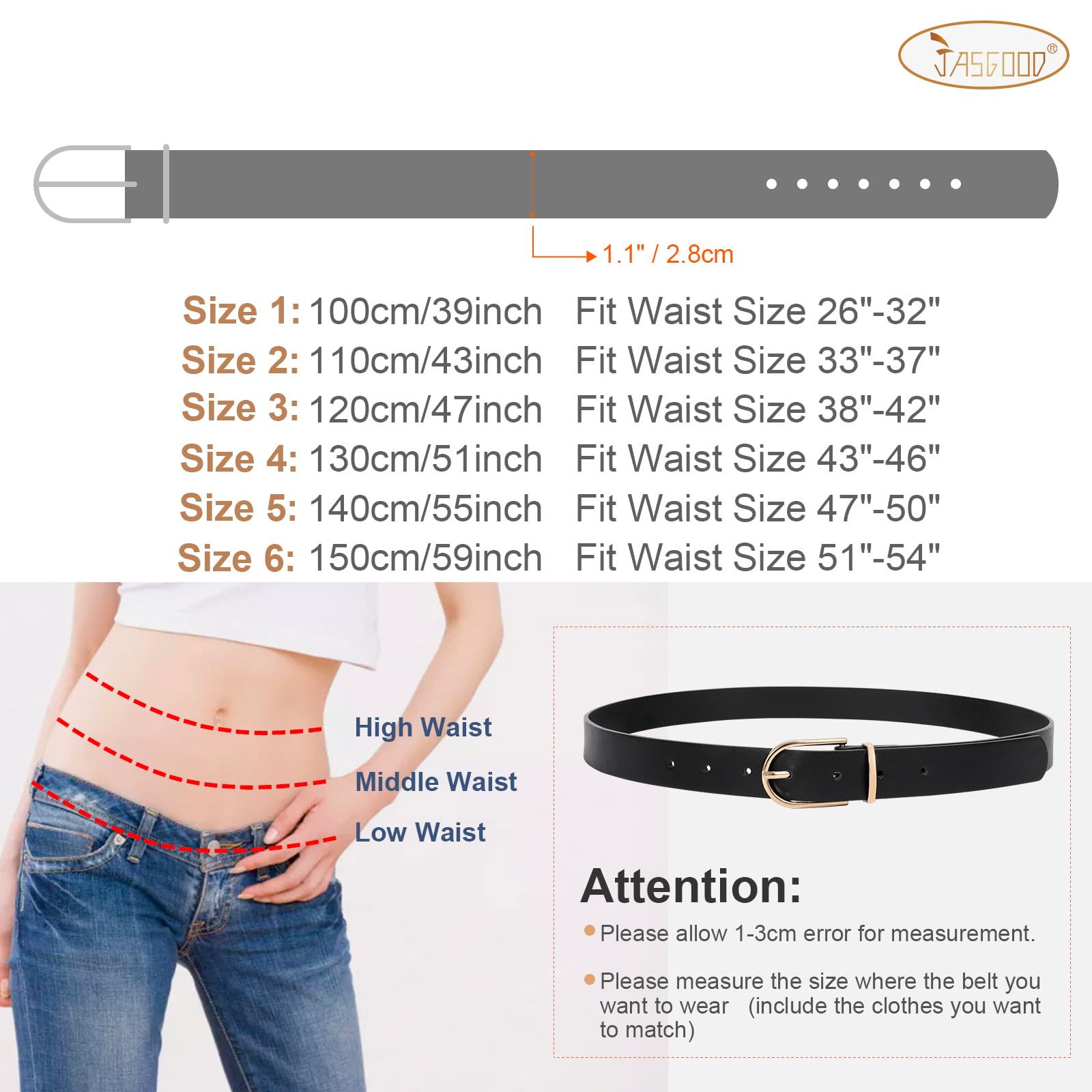 JASGOOD Women’s Leather Belts for Jeans Pants Fashion Ladies Belt with Gold Buckle - JASGOOD OFFICIAL