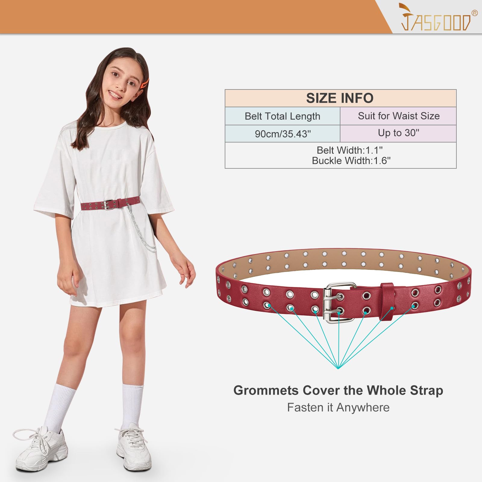 JASGOOD Kids Double Grommet Belt for Girls and Boys, PU Leather Kids Double Studded Holes Belt for Jeans Pants - JASGOOD OFFICIAL