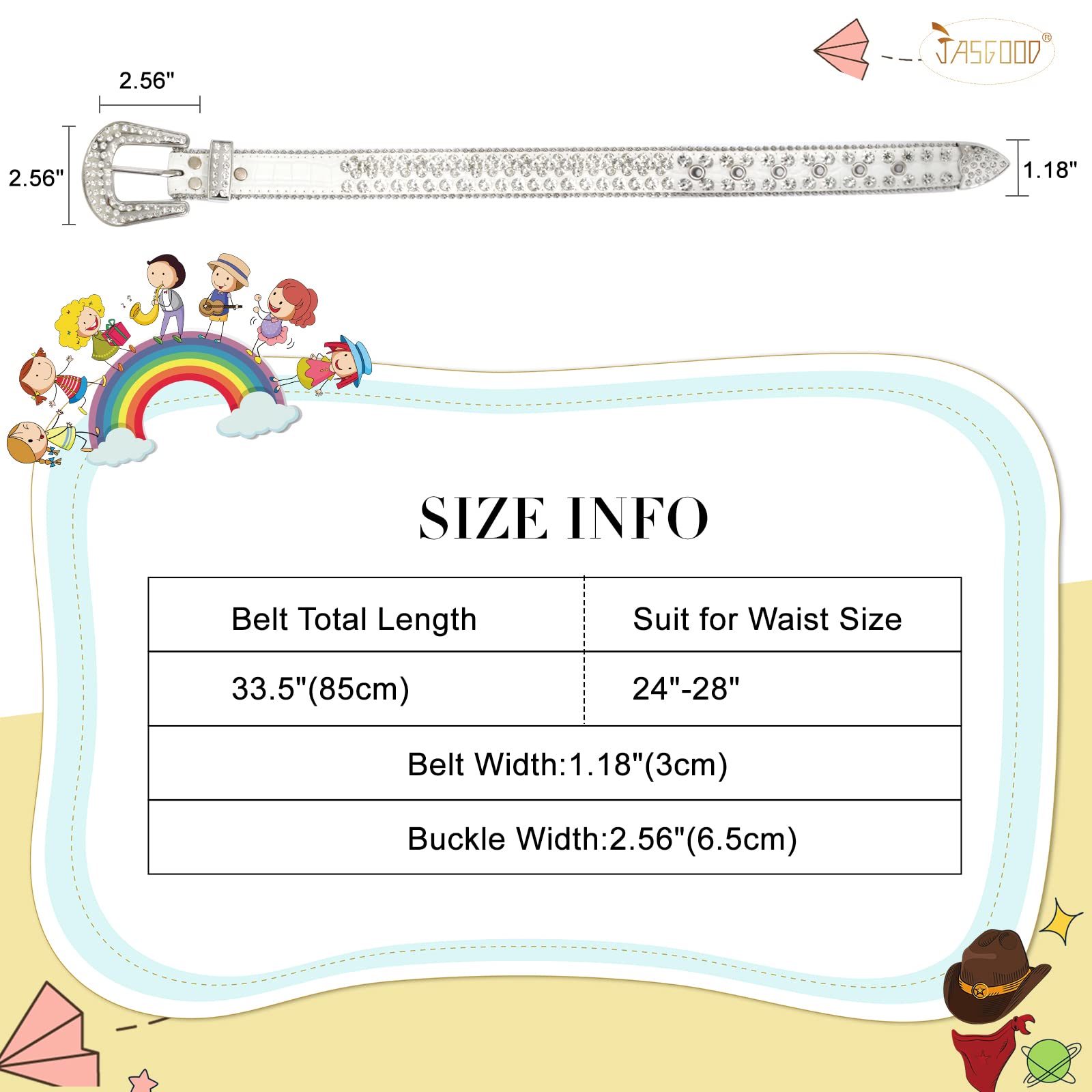 JASGOOD Kids Rhinestone Belt for Girls and Boys,Western Cowgirl Cowboy Bling Studded Leather Belt for Jeans Dress
