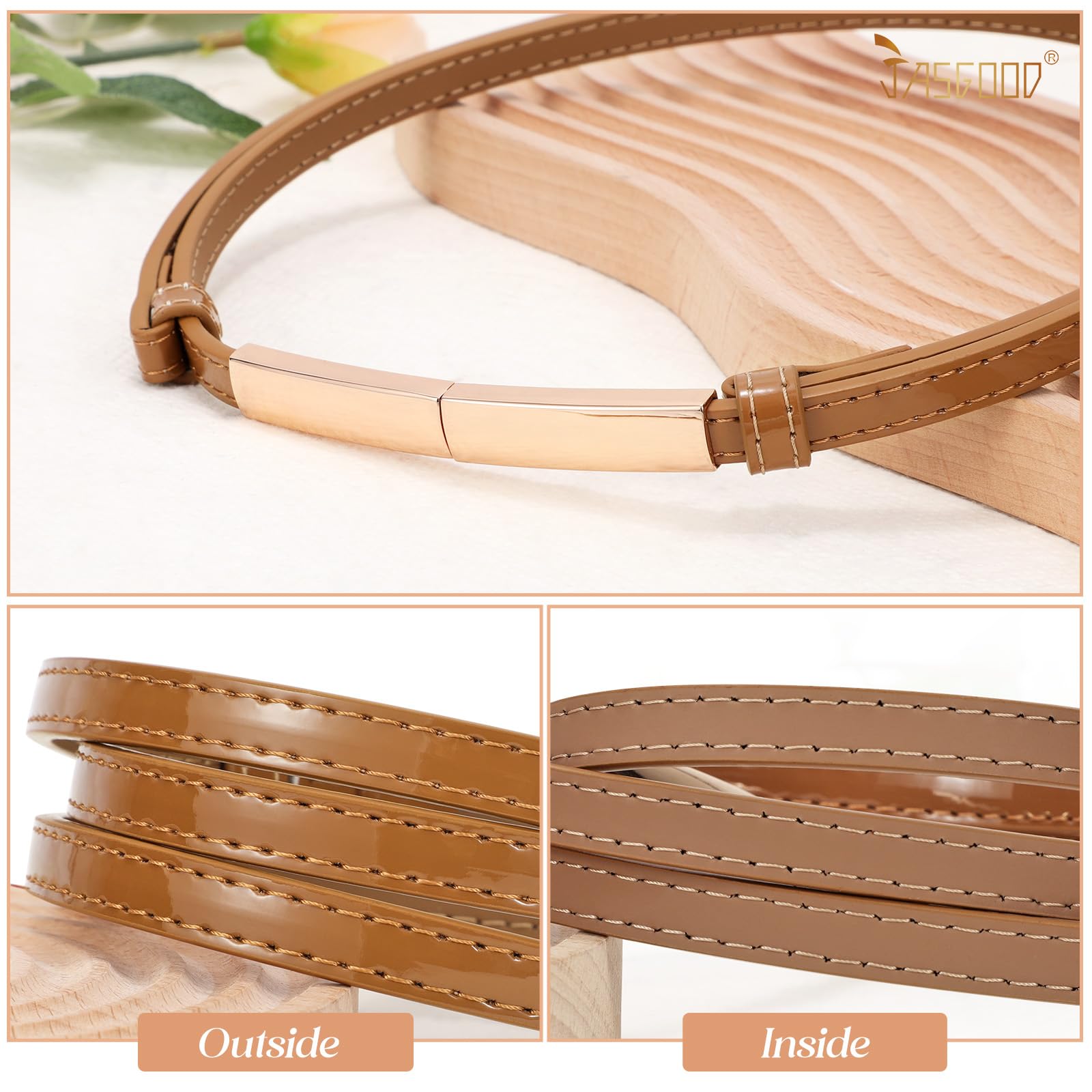 JASGOOD Women's Skinny Leather Belt Patent Ladies Thin Waist Belt for Dress with Metal Buckle
