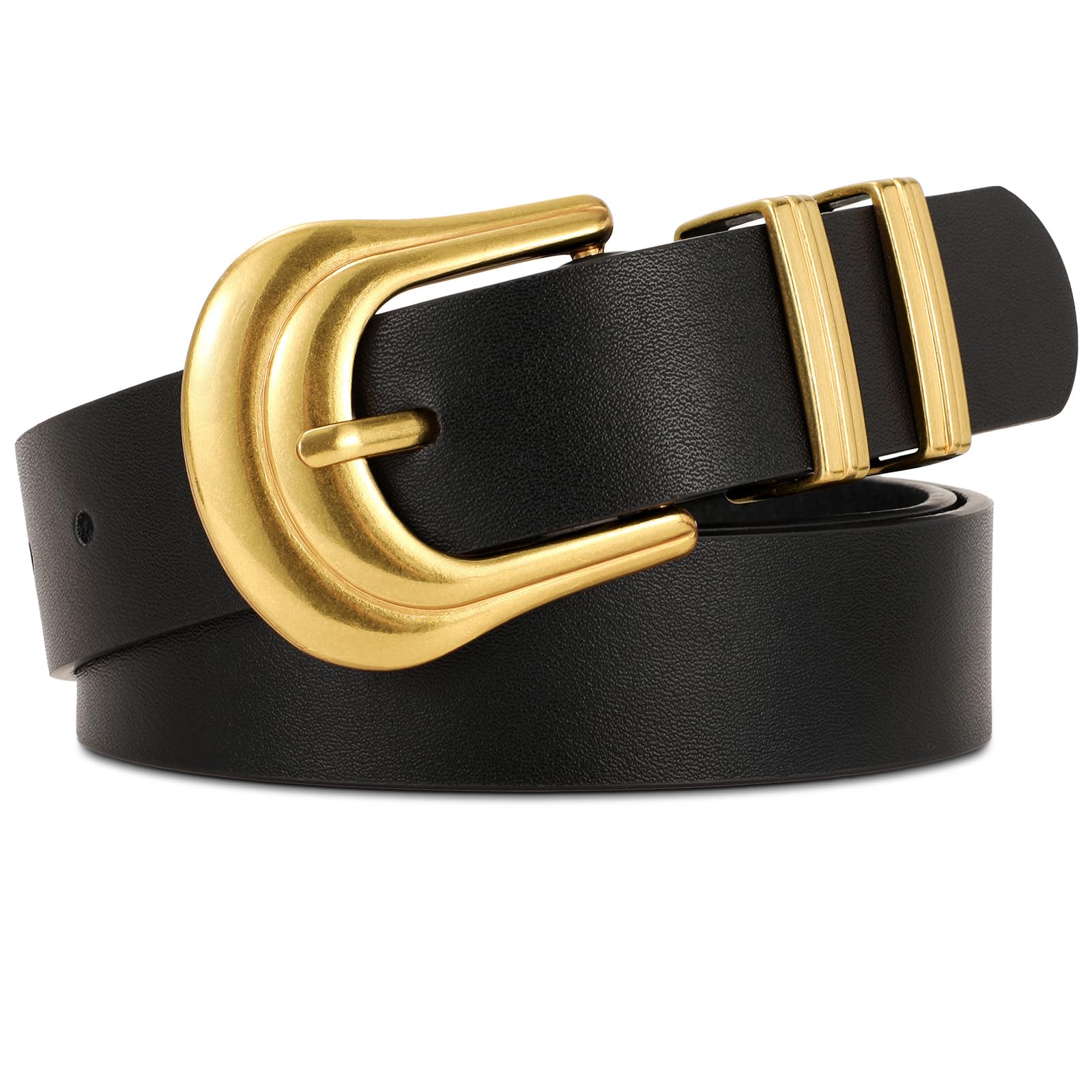 JASGOOD Women's Western Belt Vintage Black Leather Waist Belt for Pants Jeans with Gold Buckle