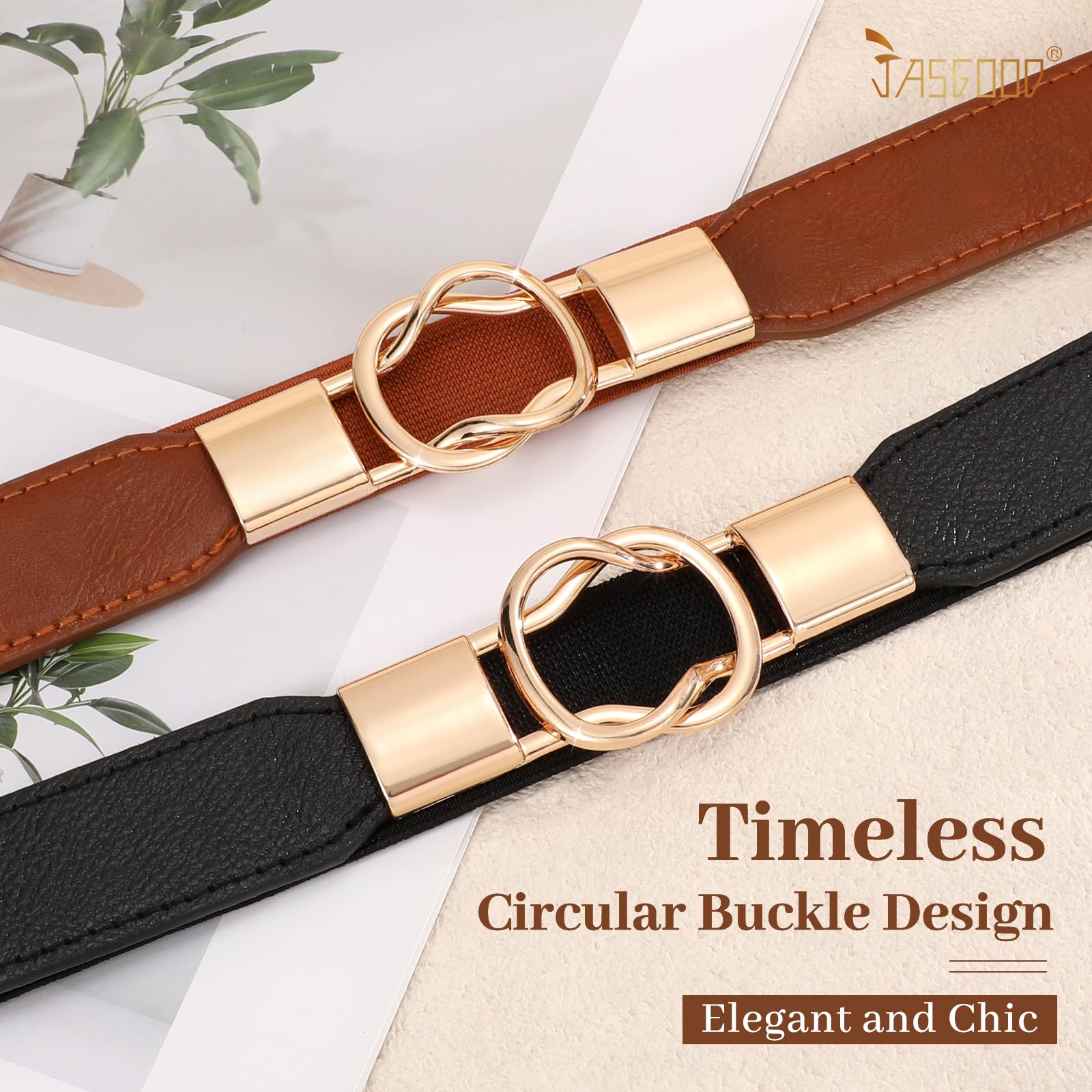 JASGOOD Women Retro Elastic Stretchy Metal Buckle Skinny Waist Belt 1 inch Wide