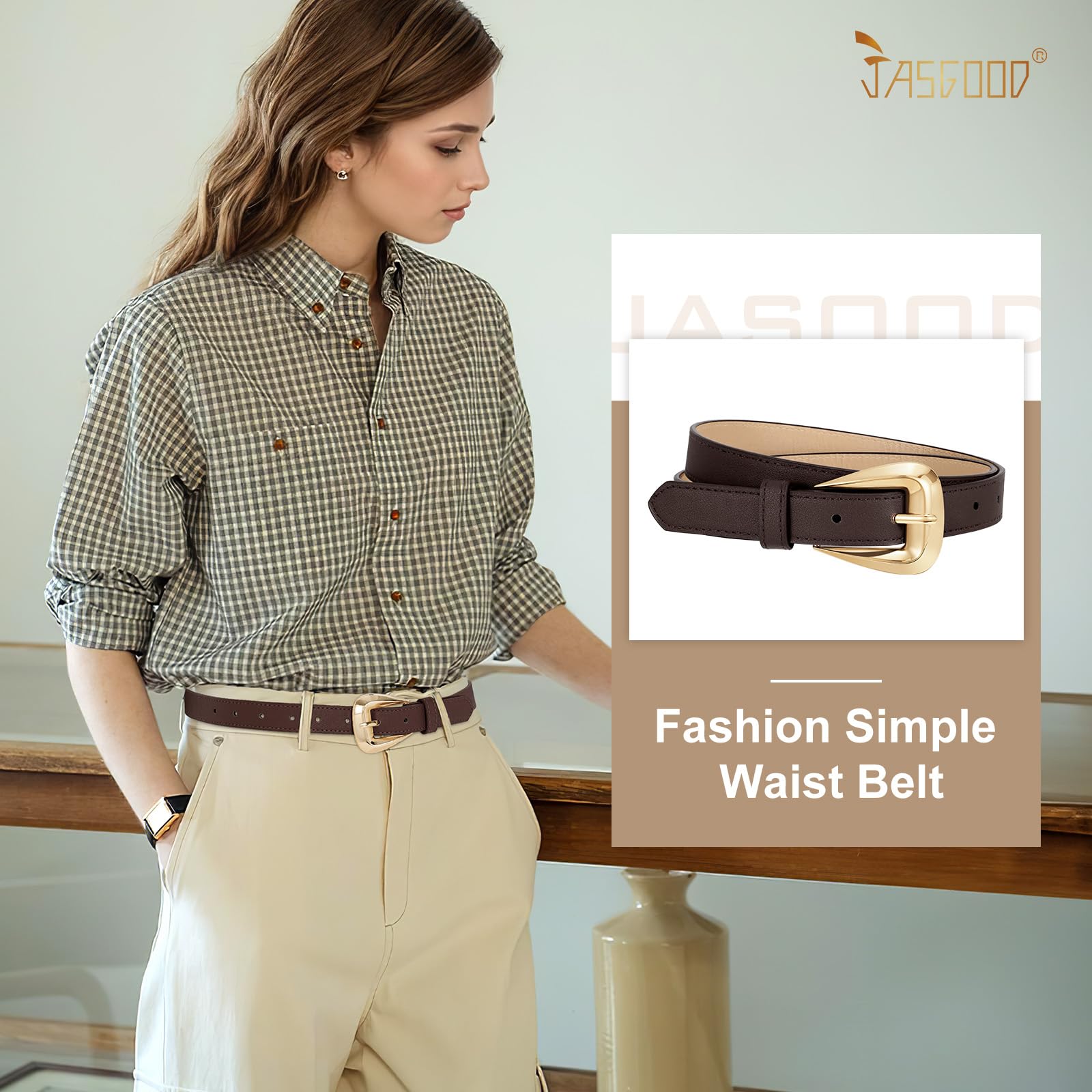 JASGOOD Women Leather Belts for Jeans Pants Soft Leather Waist Belt for Ladies Vintage Belt with Gold Buckle 0.9" Width