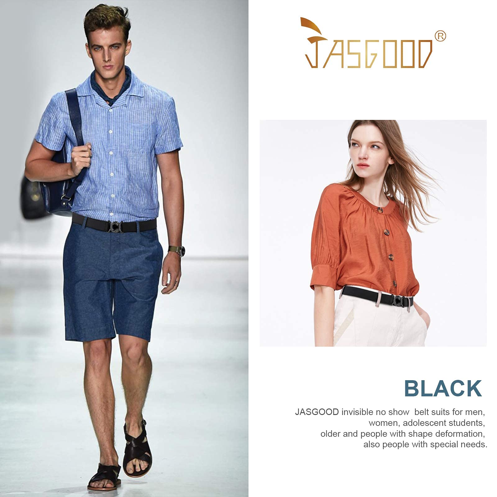 JASGOOD Women No Show Stretch Belt 2 Pack Adjustable Elastic Web Belt with Flat Buckle for Jeans Pants Casual Belts - JASGOOD OFFICIAL
