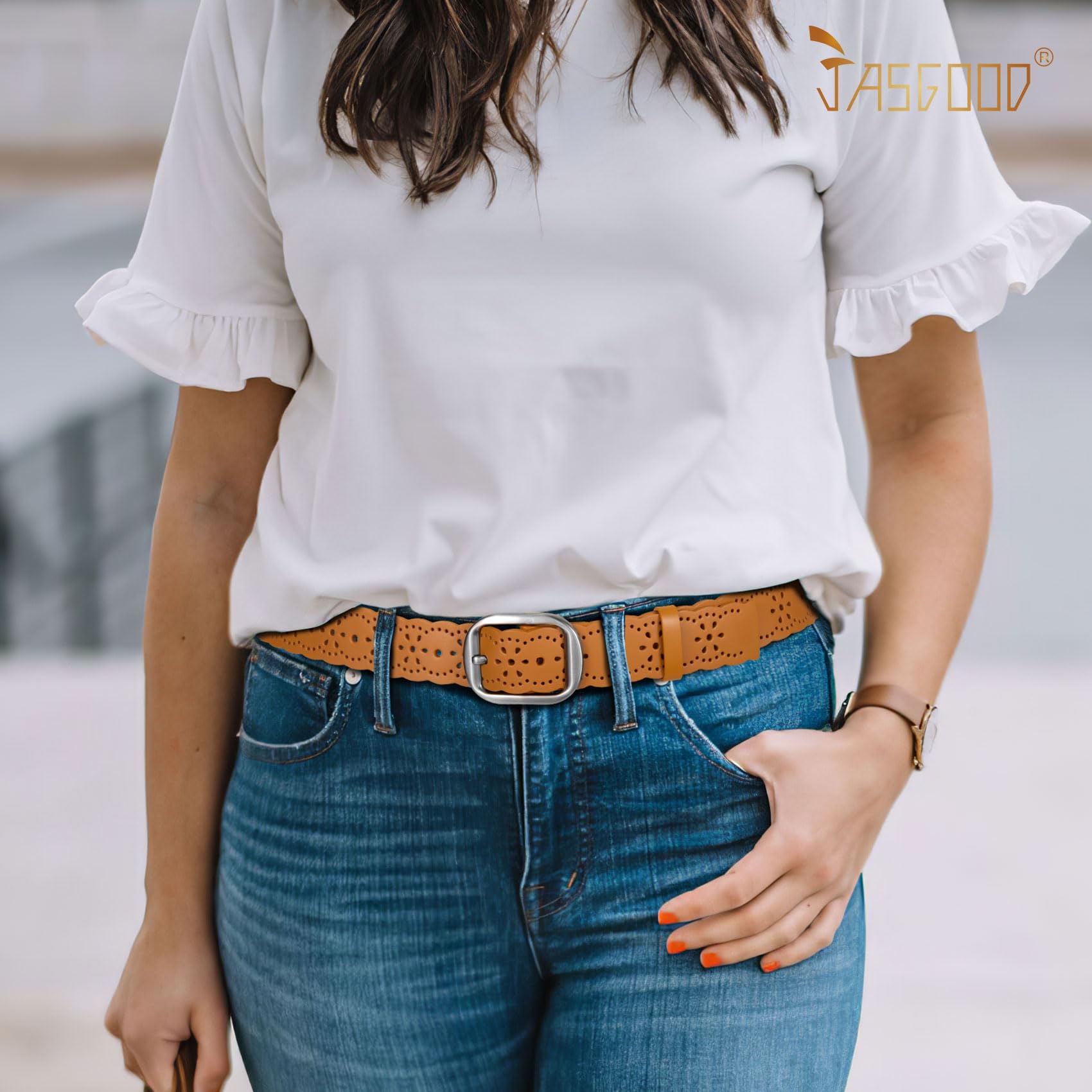 JASGOOD Women's Hollow Flower Genuine Leather Belt for Jeans Pants Wide Belt for Ladies - JASGOOD OFFICIAL