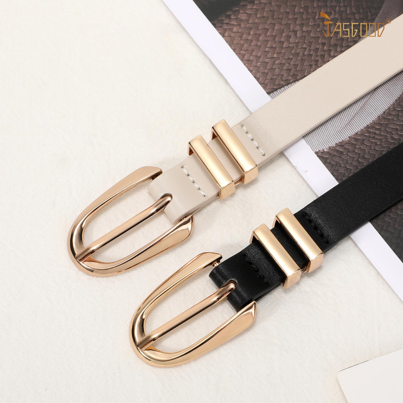 JASGOOD 2 Pack Women Skinny PU Leather Belt Ladies Thin Leather Plus Size Waist Belt for Jeans Dress with Gold Buckle