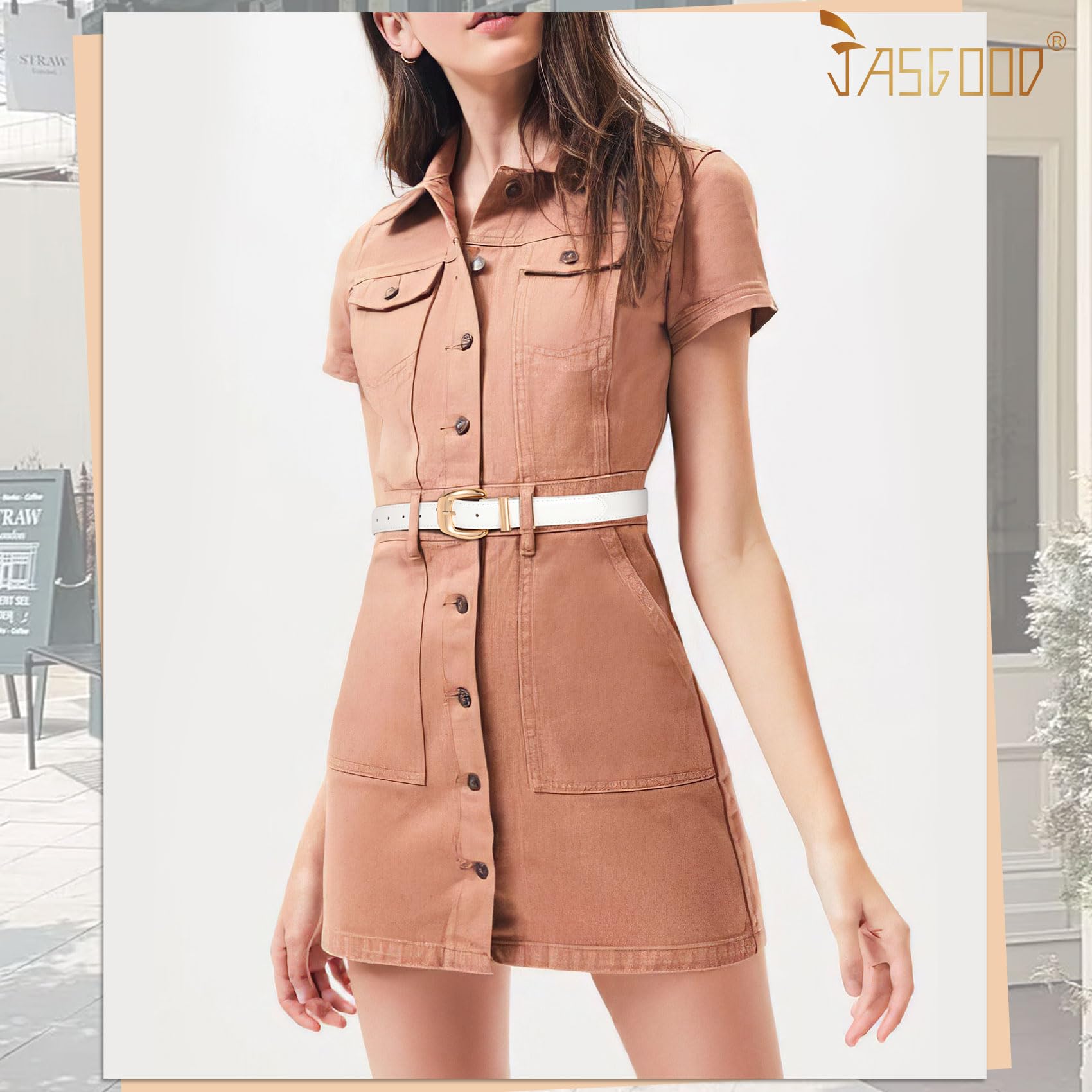 JASGOOD Women Leather Belt with Gold Buckle Plus Size Belt for Jeans Pants PU Leather Waist Belt for Ladies