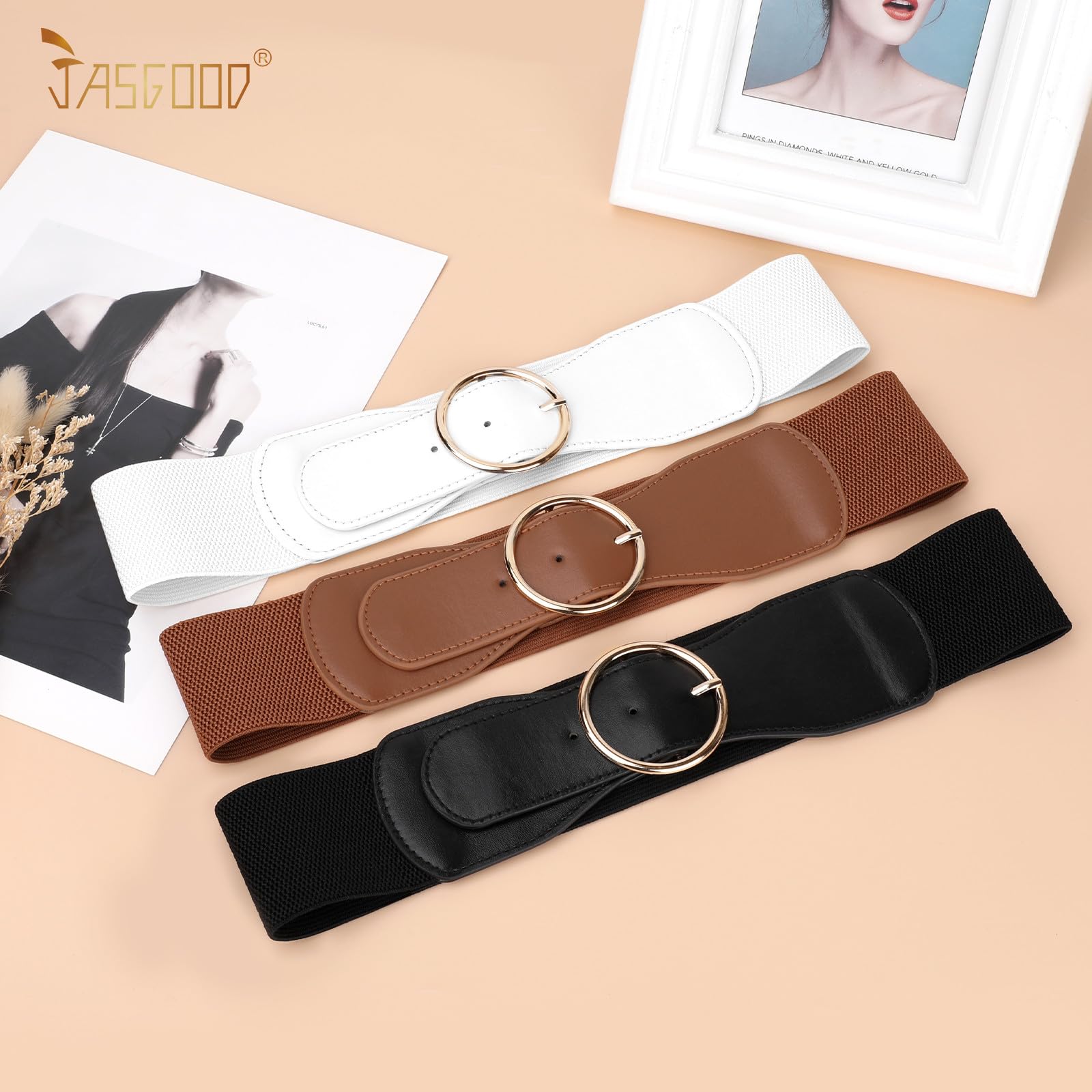 JASGOOD 3 Pack Women Wide Elastic Waist Belt for Dress Ladies Stretch Belt with Gold Round Buckle - JASGOOD OFFICIAL