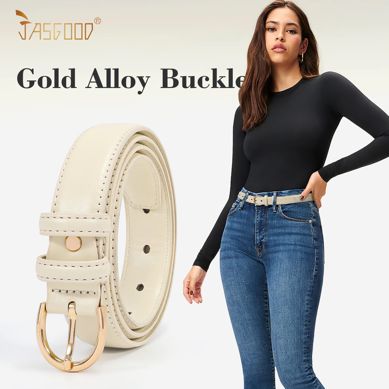 JASGOOD Women Leather Belt Fashion Dress Belt with Gold Buckle for Ladies Jeans Pants