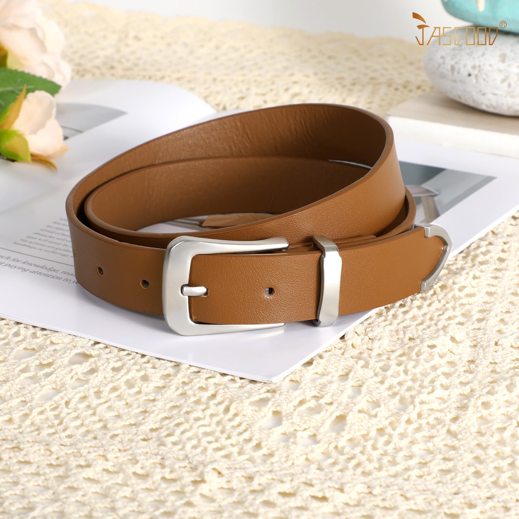 JASGOOD Women Leather Belt for Jeans Pants Ladies Waist Belt for Dress with Silver Buckle
