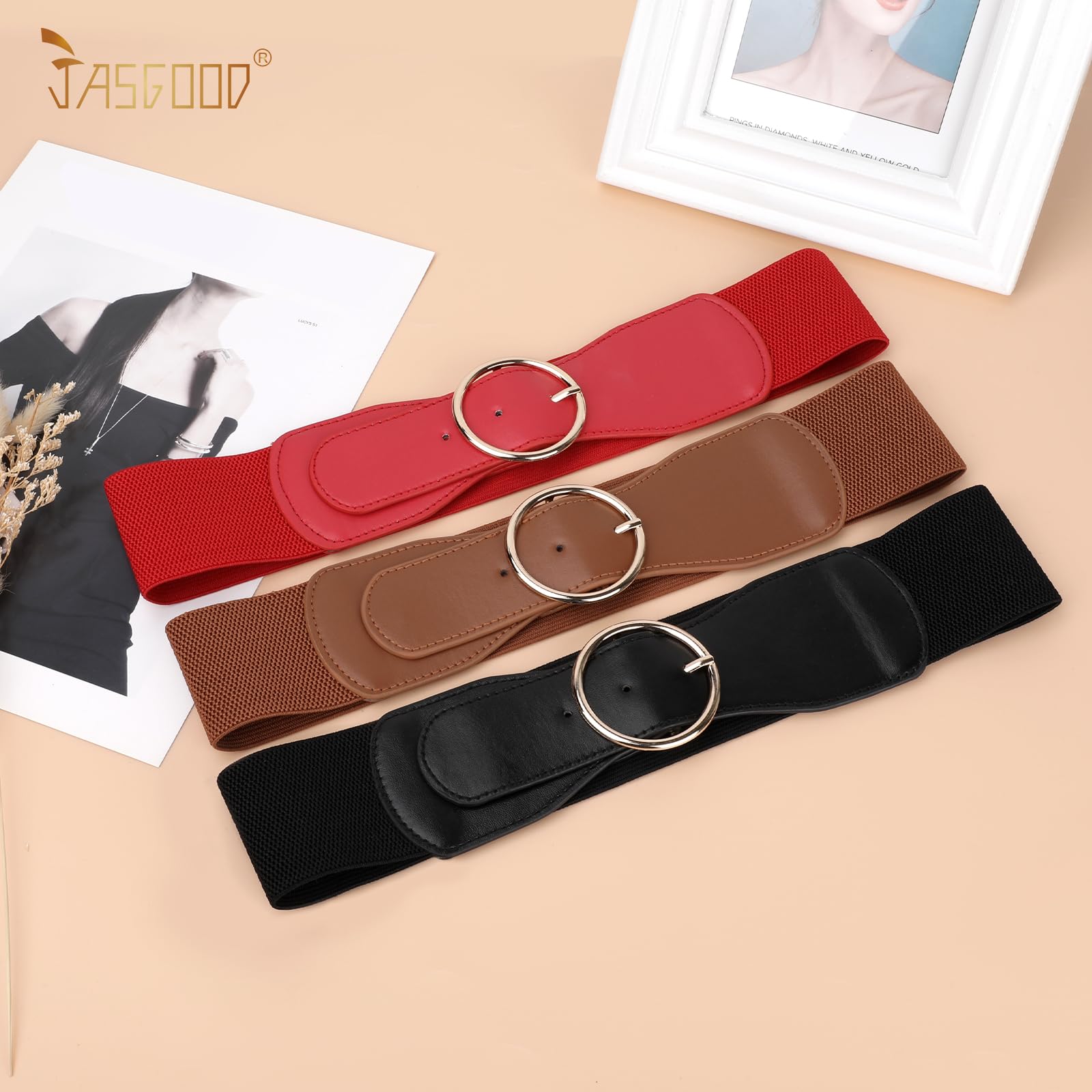 JASGOOD 3 Pack Women Wide Elastic Waist Belt for Dress Ladies Stretch Belt with Gold Round Buckle - JASGOOD OFFICIAL