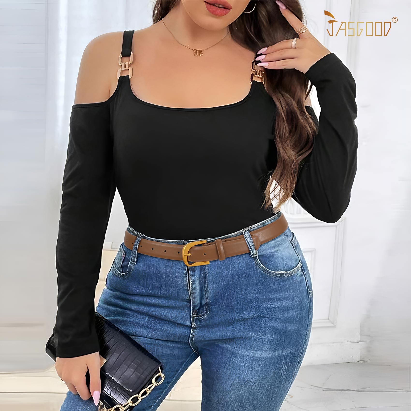 JASGOOD Women Leather Belts Plus Size Faux Leather Belt for Jeans Pants Fashion Ladies Waist Belt with Gold Buckle
