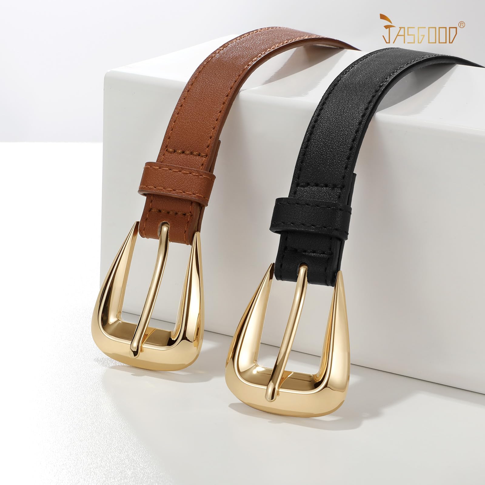 JASGOOD Women Leather Belts for Jeans Pants Soft Leather Waist Belt for Ladies Vintage Belt with Gold Buckle 0.9" Width