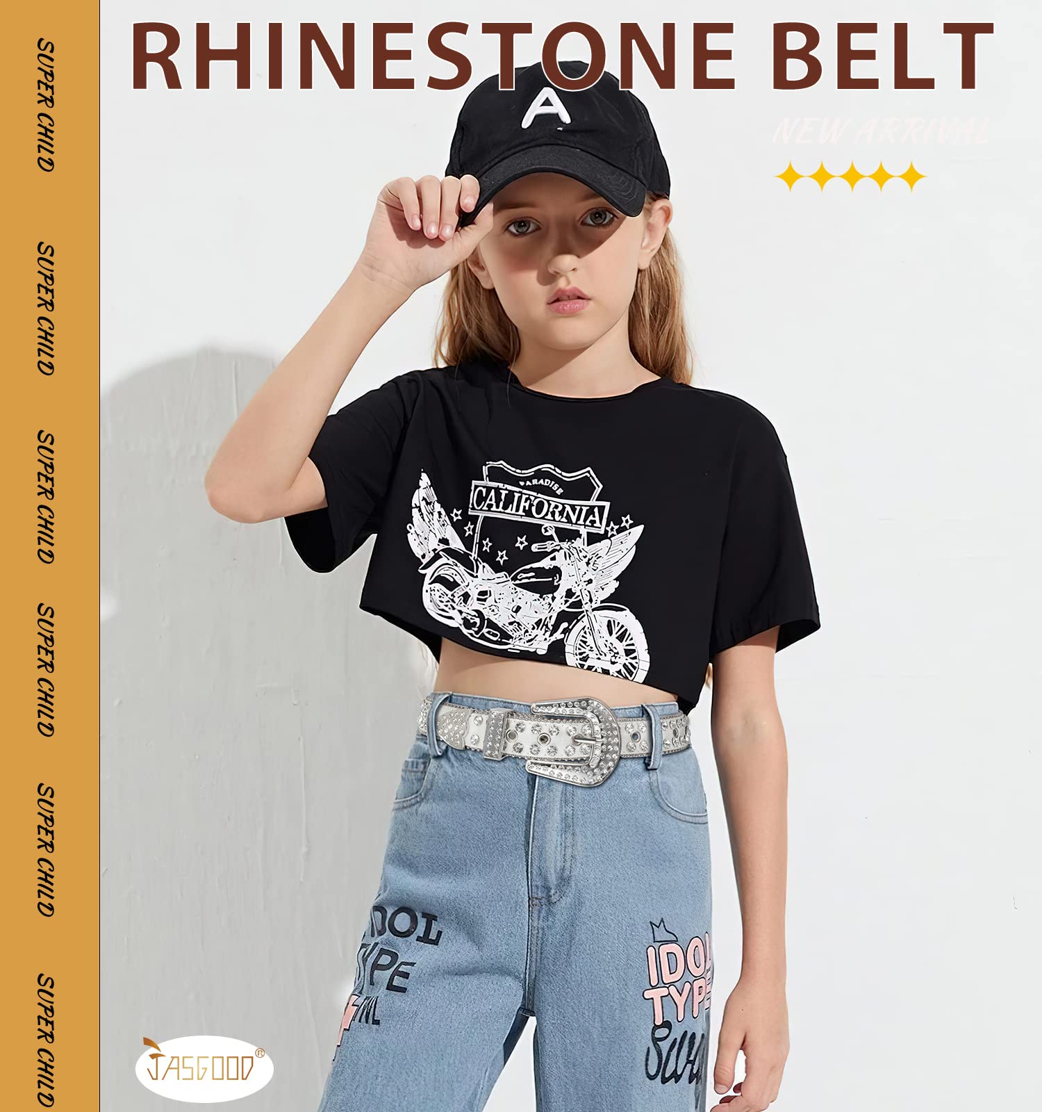 JASGOOD Kids Rhinestone Belt for Girls and Boys,Western Cowgirl Cowboy Bling Studded Leather Belt for Jeans Dress