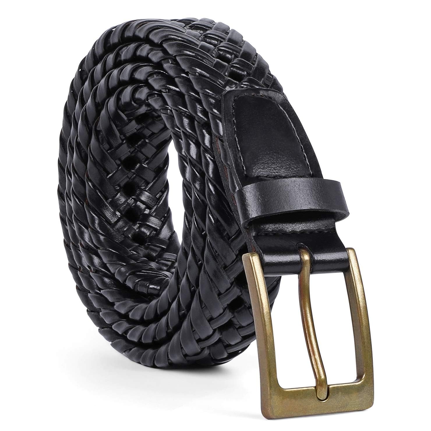 JASGOOD Men's Braided Leather Belt, Braided Woven Belt for Men Casual Jeans with Solid Strap Single Prong Buckle