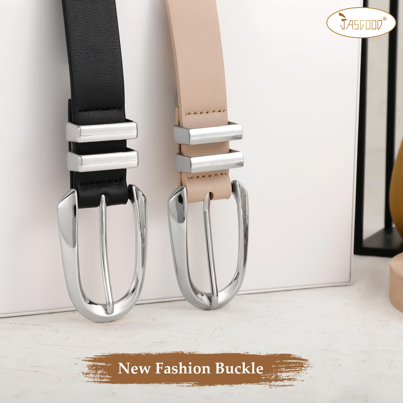 JASGOOD Women Leather Belt Fashion Waist Belt for Pants Jean Ladies Faux Leather Dress belt with Gold/Silver Buckle 2 Pack