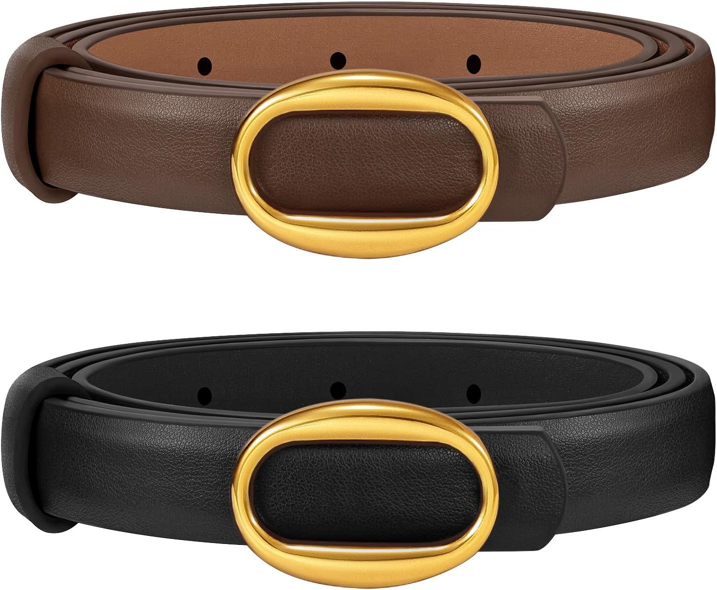 JASGOOD 2 Pack Women Leather Skinny Belt, Ladies Thin PU Leather with Alloy Buckle for Jeans Pants Dresses,Black+Coffee