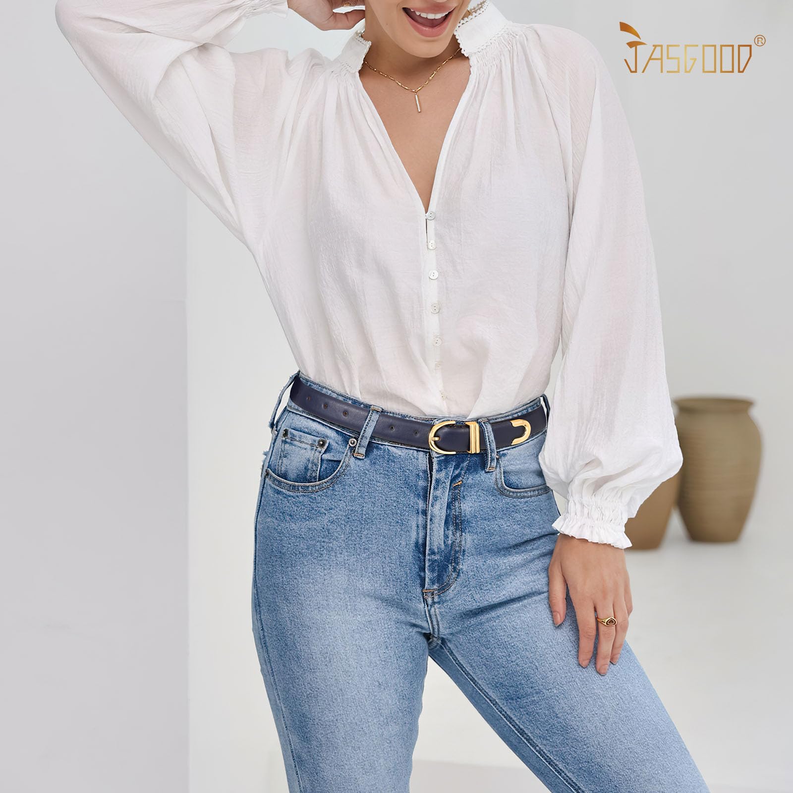 JASGOOD Women Leather Belt for Jeans Pants Fashion Gold Buckle Ladies Waist Belt