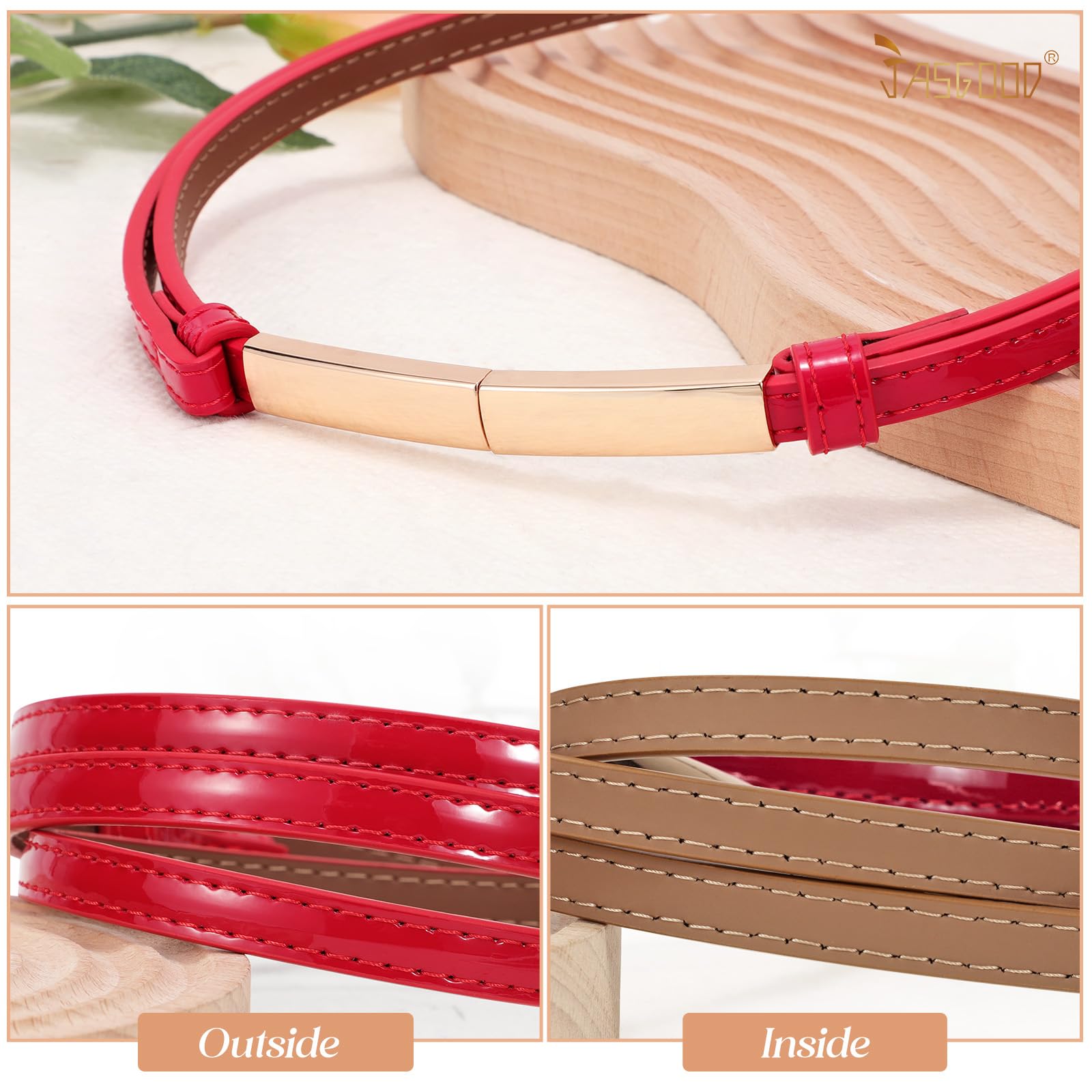 JASGOOD Women's Skinny Leather Belt Patent Ladies Thin Waist Belt for Dress with Metal Buckle