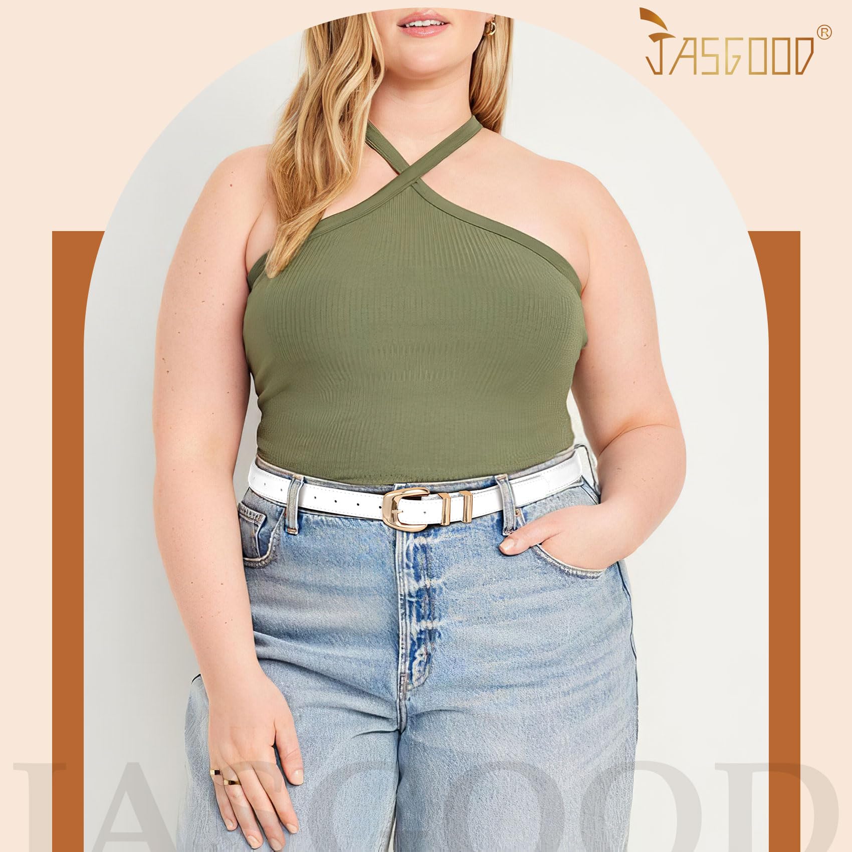 JASGOOD Women Leather Belt with Gold Buckle Plus Size Belt for Jeans Pants PU Leather Waist Belt for Ladies