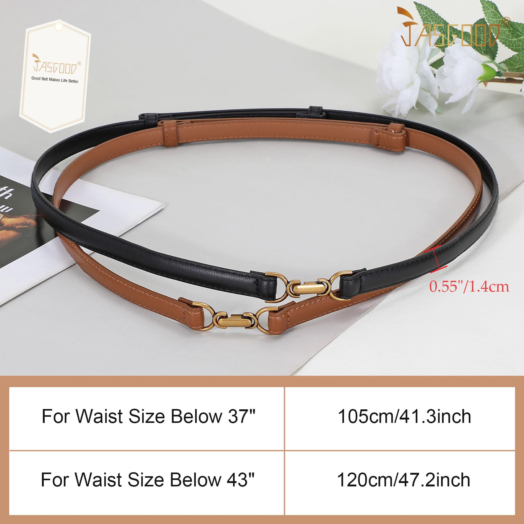 JASGOOD 2 Pack Women Skinny Faux Leather Belts Thin Waist Belts With Adjustable Gold Buckle for Dresses Jeans