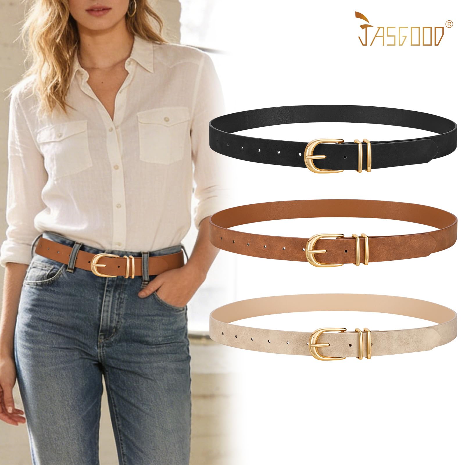 JASGOOD 3 Pack Women Leather Belts For Jeans Dresses Pants Ladies Faux Leather Waist Belt with Gold Buckle - JASGOOD OFFICIAL