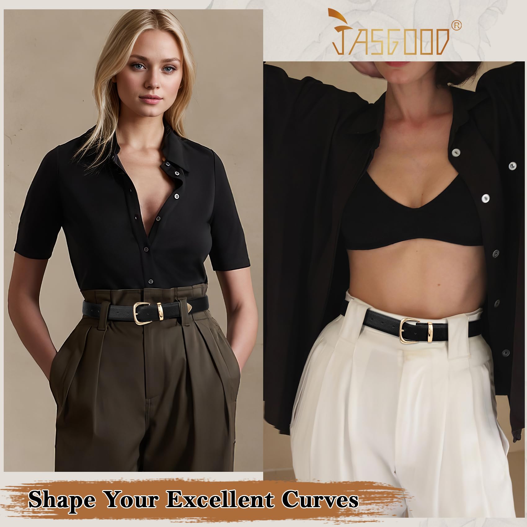 JASGOOD Women's Leather Belts Fashion Leather Waist Belt with Gold Buckle Elegant Ladies Belts for Jeans Dress