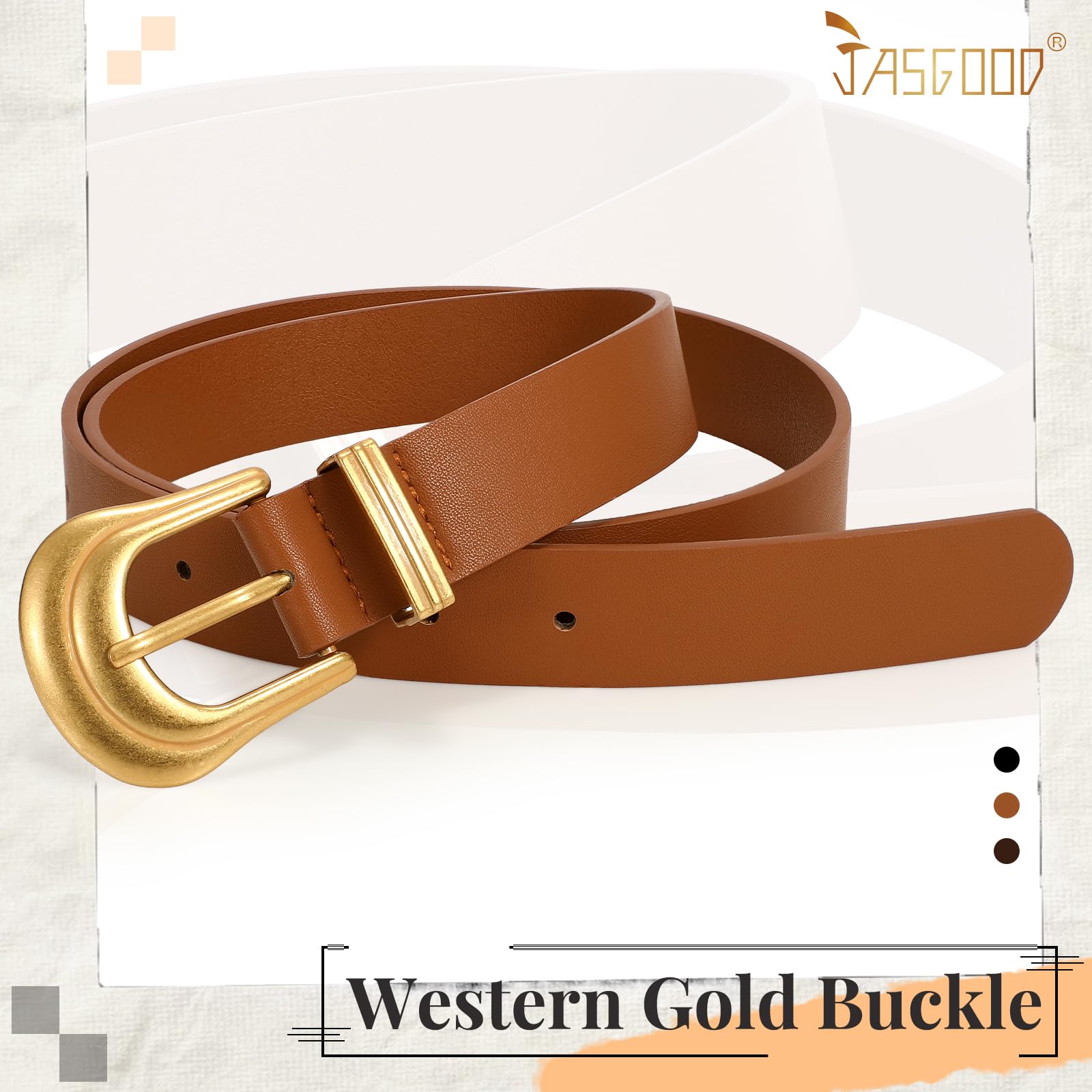 JASGOOD Women's Western Belt Vintage Black Leather Waist Belt for Pants Jeans with Gold Buckle