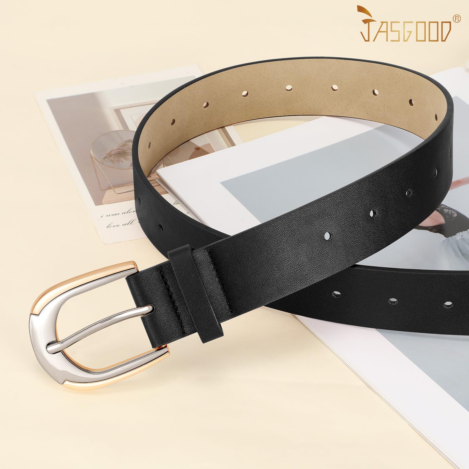 JASGOOD Leather Belts for Women Ladies Casual Belt for Jeans Pants Dresses with Gold and Silver Buckle