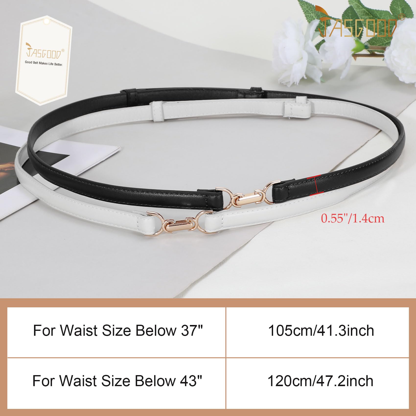 JASGOOD 2 Pack Women Skinny Faux Leather Belts Thin Waist Belts With Adjustable Gold Buckle for Dresses Jeans