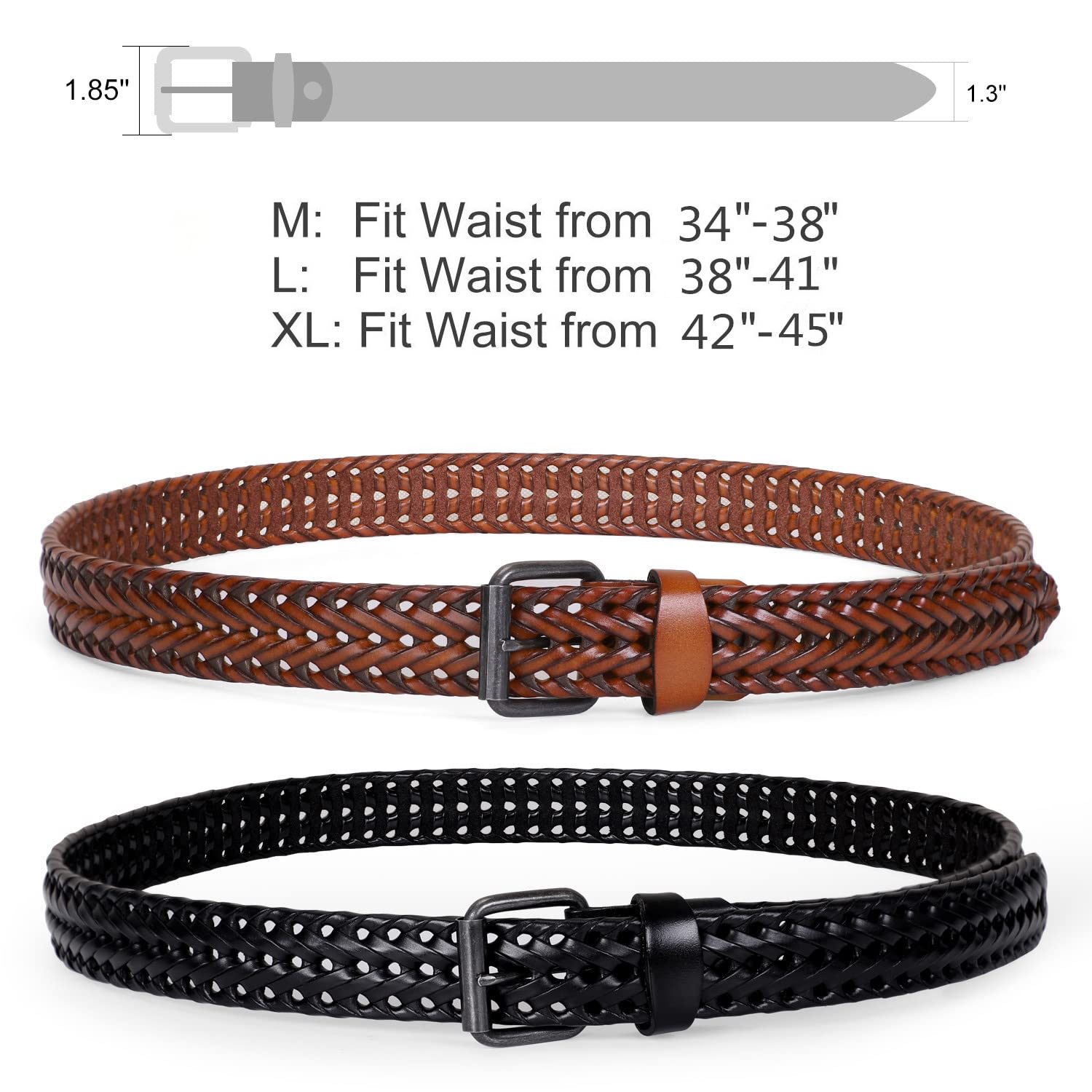 JASGOOD Men’s Leather Braided Belt, Leather Woven Belt for Jeans 1.3 Inch Wide with Prong Buckle
