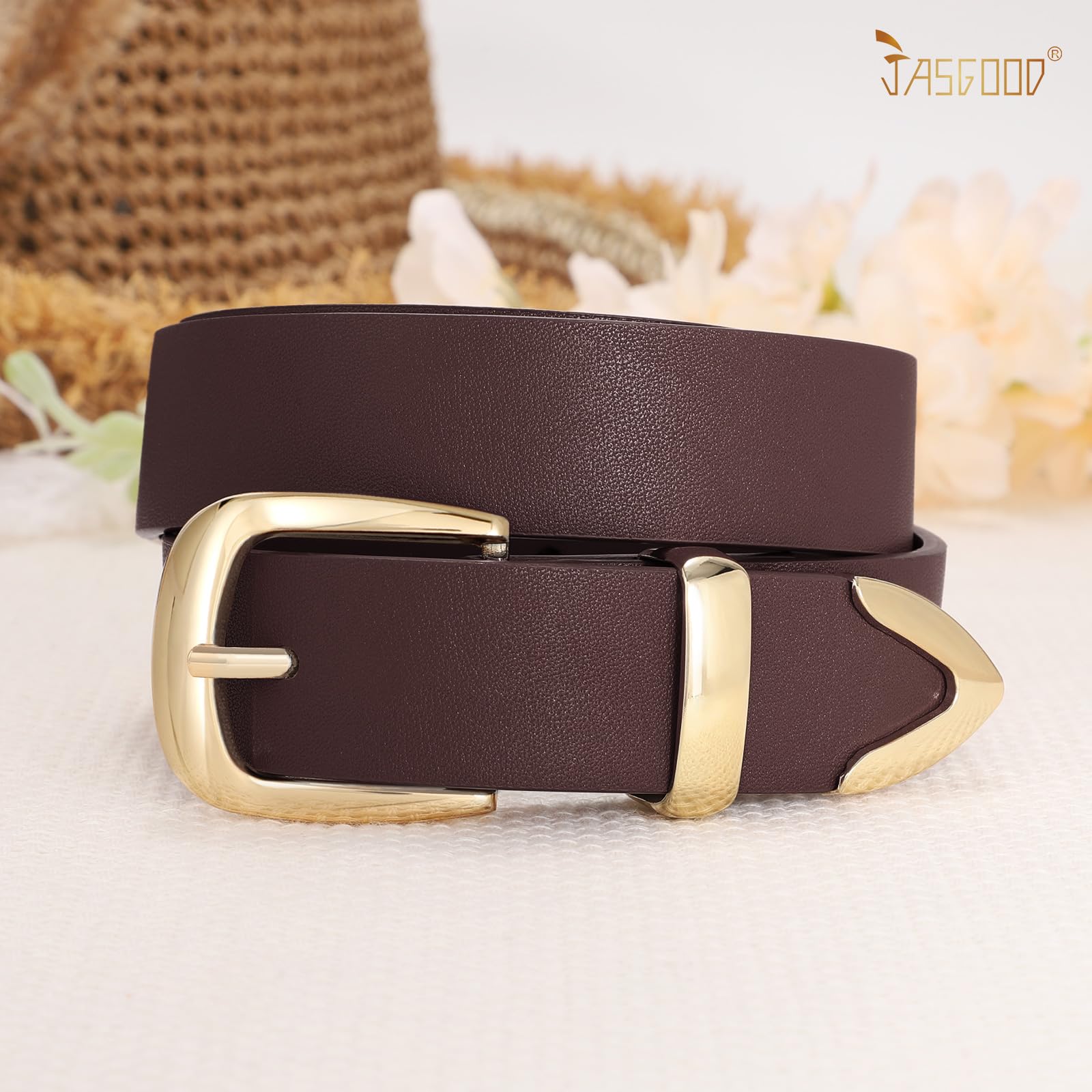 JASGOOD Women's Fashion Leather Belt Ladies Gold Buckle Leather Belt for Jeans Pants Dresses