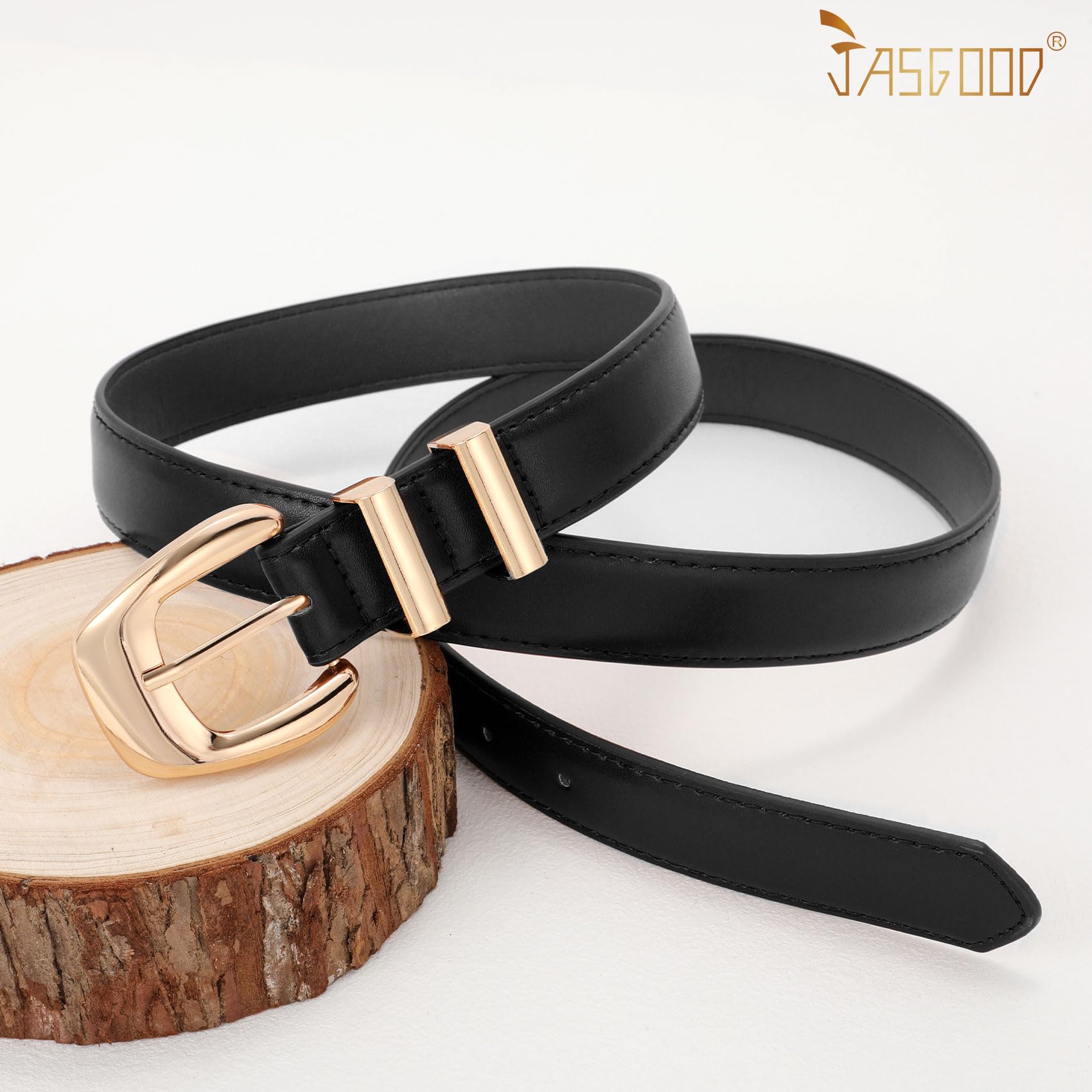 JASGOOD Women Leather Belt with Gold Buckle Plus Size Belt for Jeans Pants PU Leather Waist Belt for Ladies
