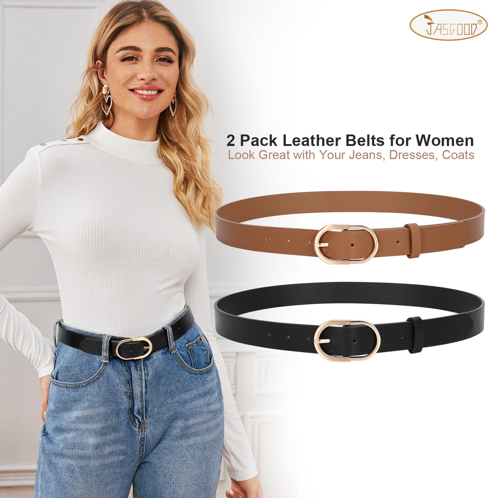 JASGOOD Women’s Leather Belts for Jeans Pants Fashion Ladies Belt with Gold Buckle - JASGOOD OFFICIAL