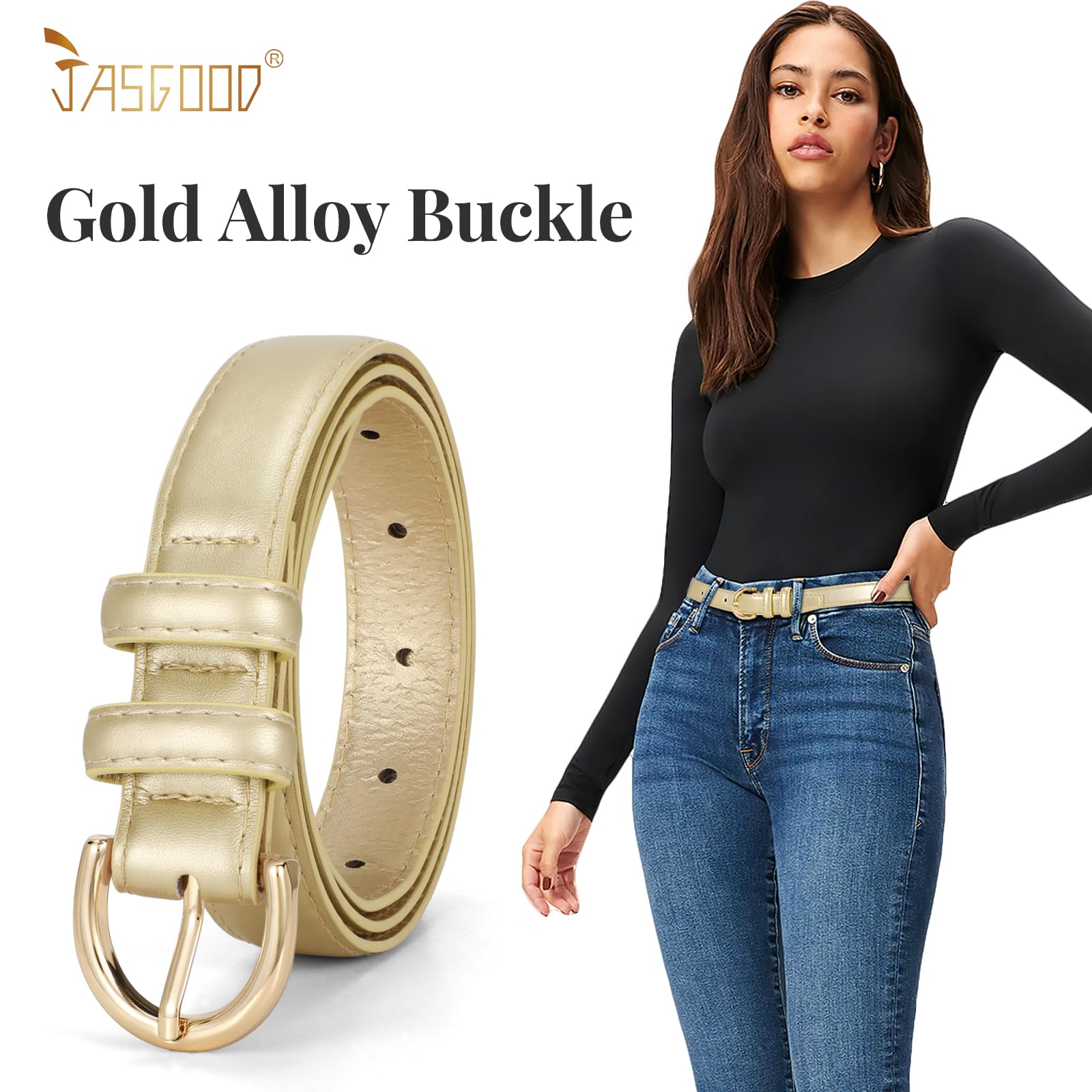 JASGOOD Women Leather Belt Fashion Dress Belt with Gold Buckle for Ladies Jeans Pants