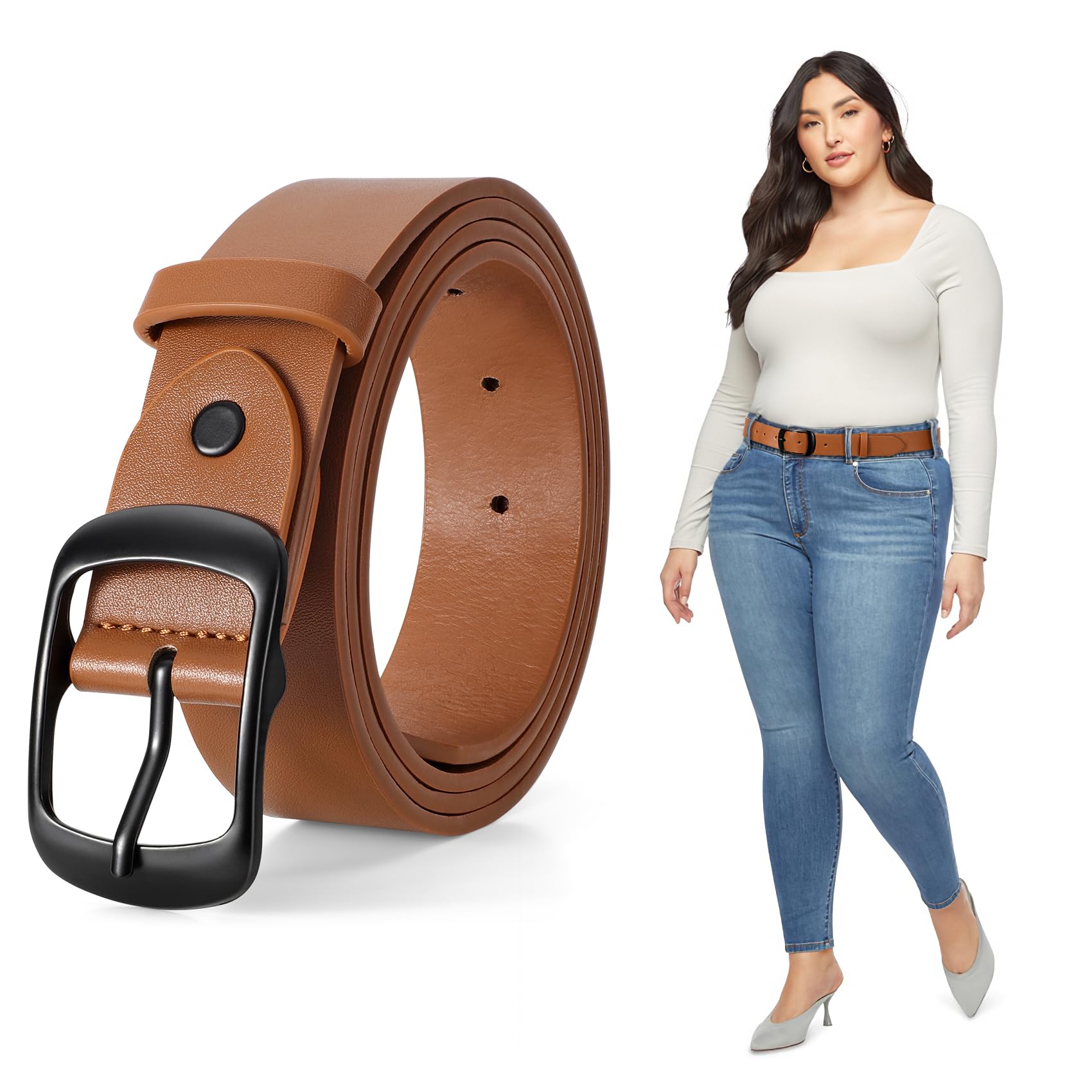 JASGOOD Plus Size Women Leather Belt Black Casual Waist Belt for Jeans Pants with Metal Pin Buckle - JASGOOD OFFICIAL
