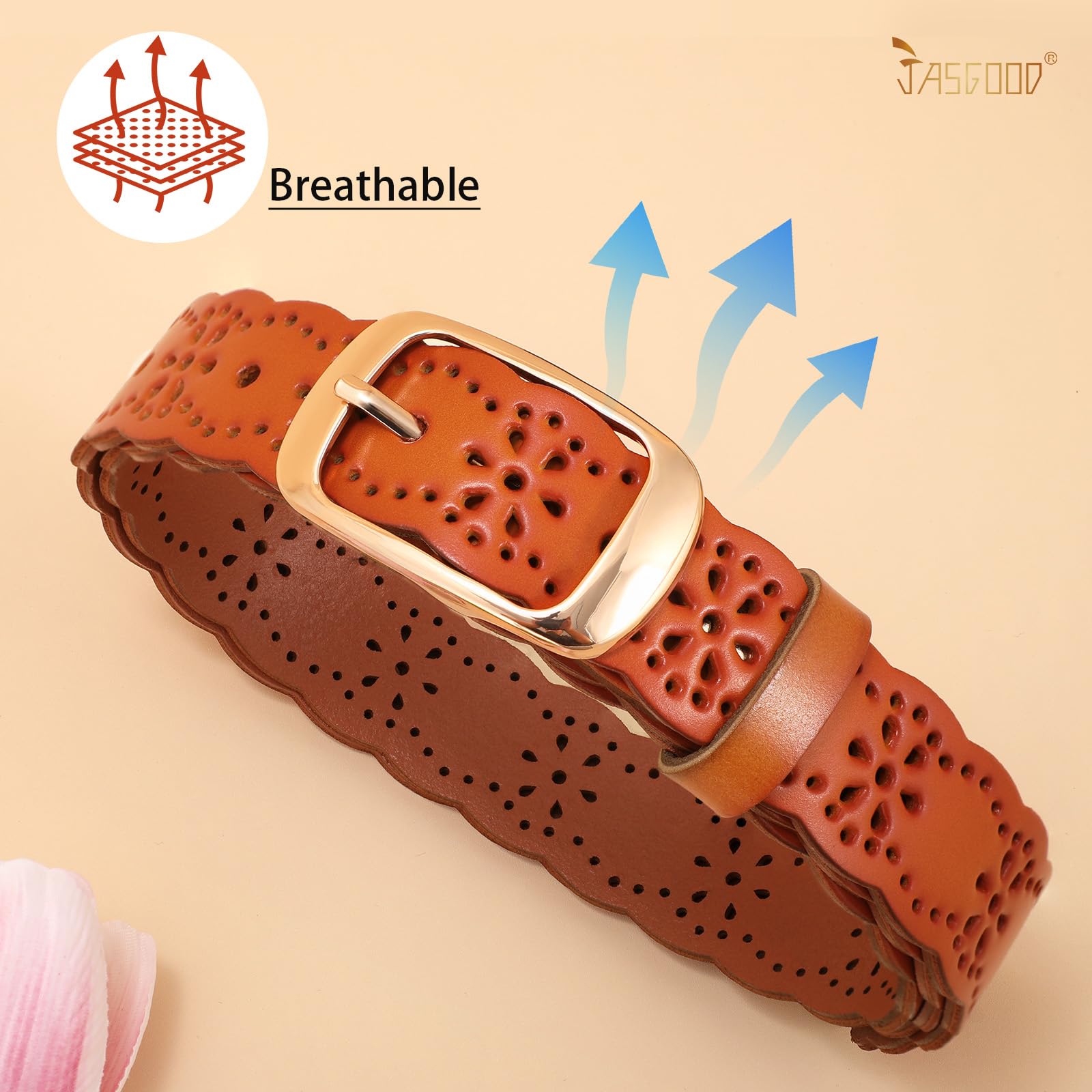 JASGOOD Leather Belt for Women Hollow Flower Leather Belt for Jeans Pants Fashion Waist Belt with Gold Buckle