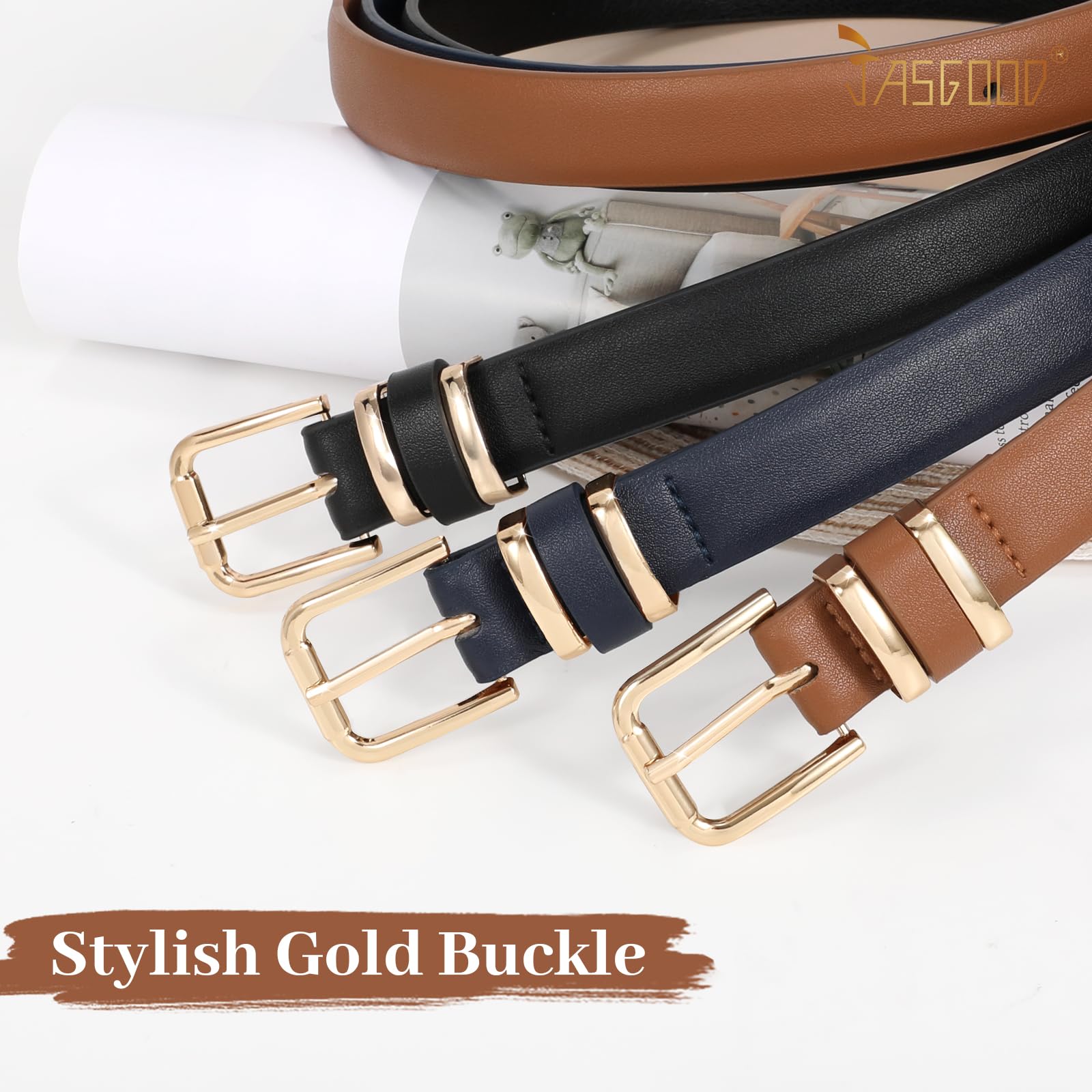 JASGOOD 3 Pack Women's Leather Belts for Jeans Dress Pants Trendy Belts with Gold Buckle
