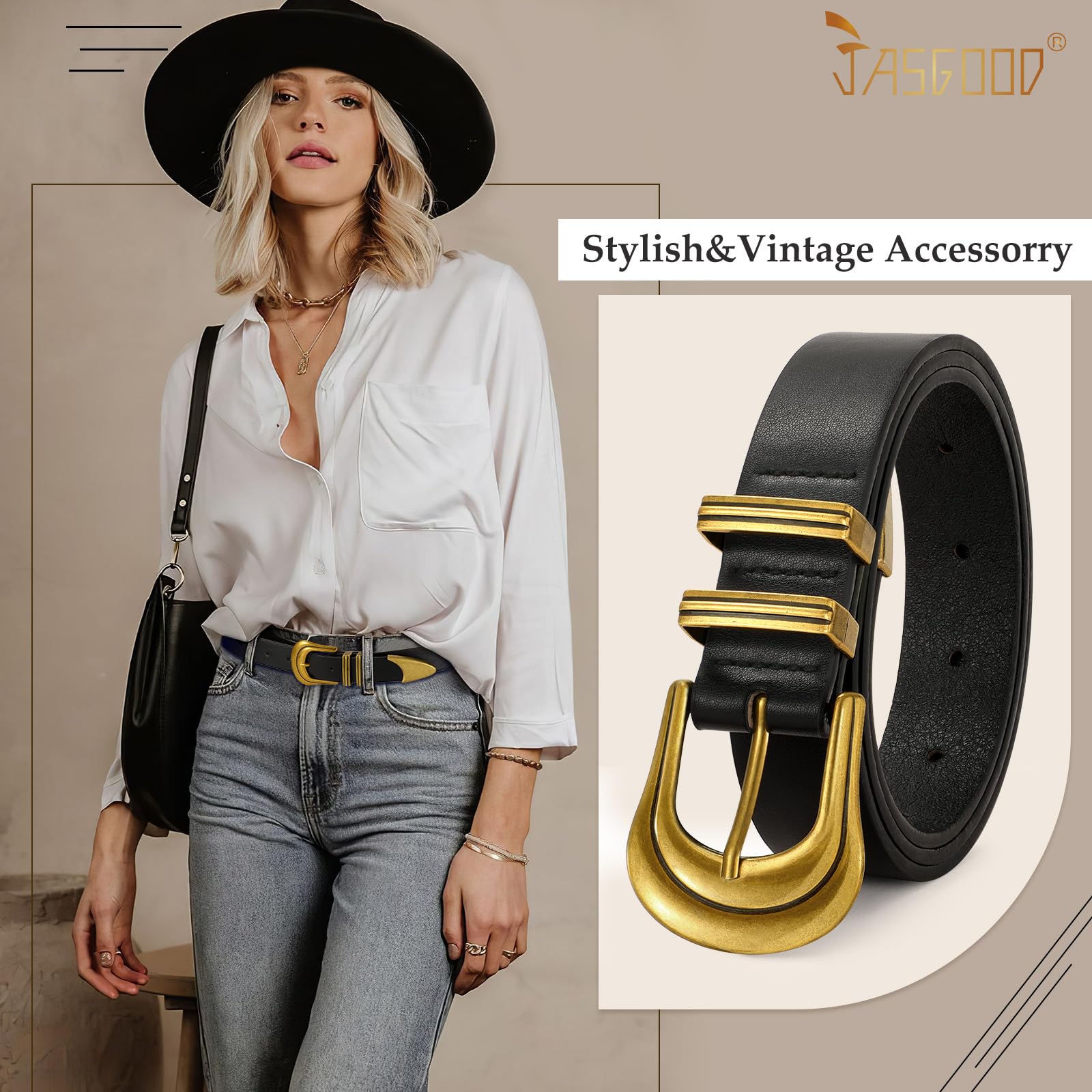 JASGOOD Women's Western Belt Vintage Black Leather Waist Belt for Pants Jeans with Gold Buckle