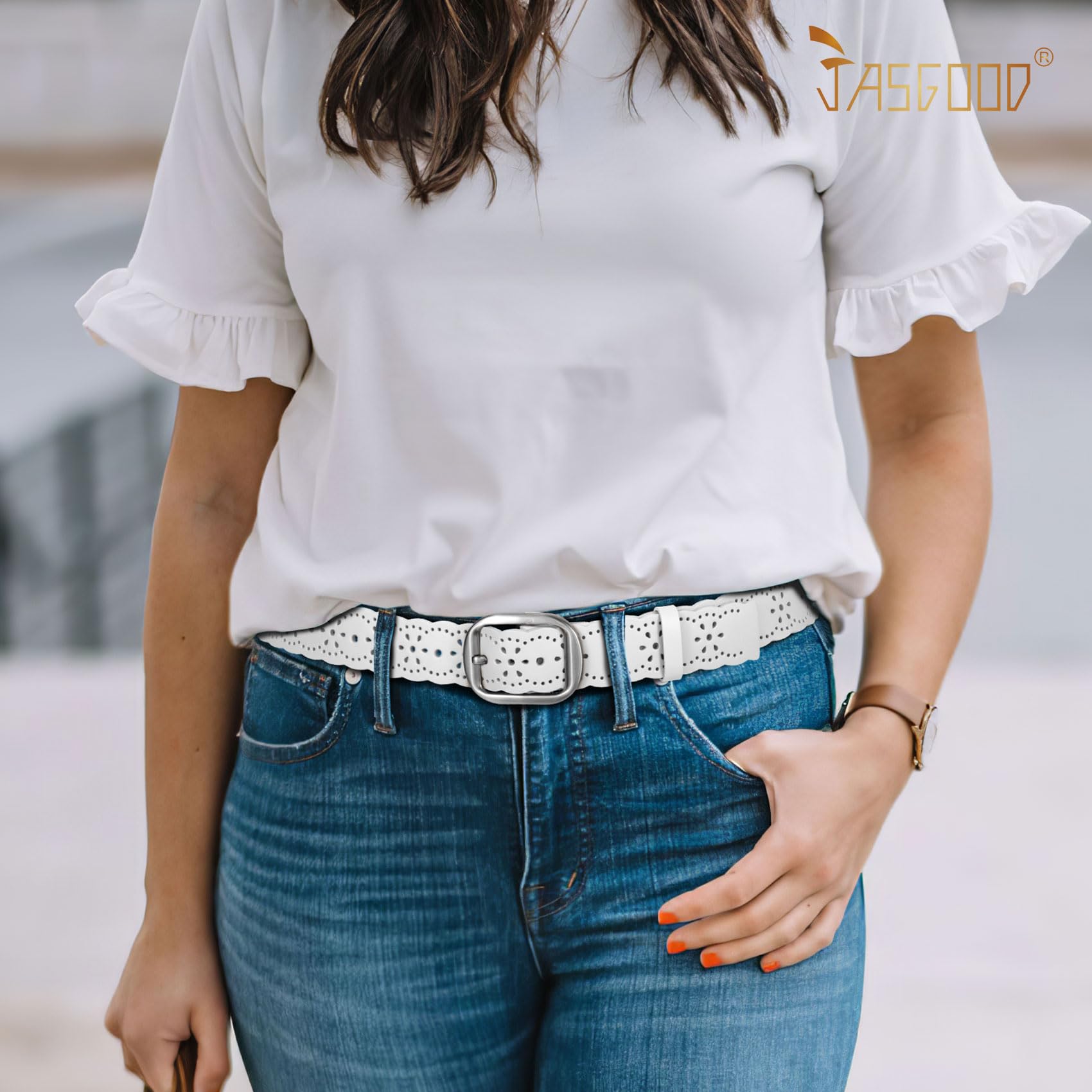 JASGOOD Women's Hollow Flower Genuine Leather Belt for Jeans Pants Wide Belt for Ladies - JASGOOD OFFICIAL