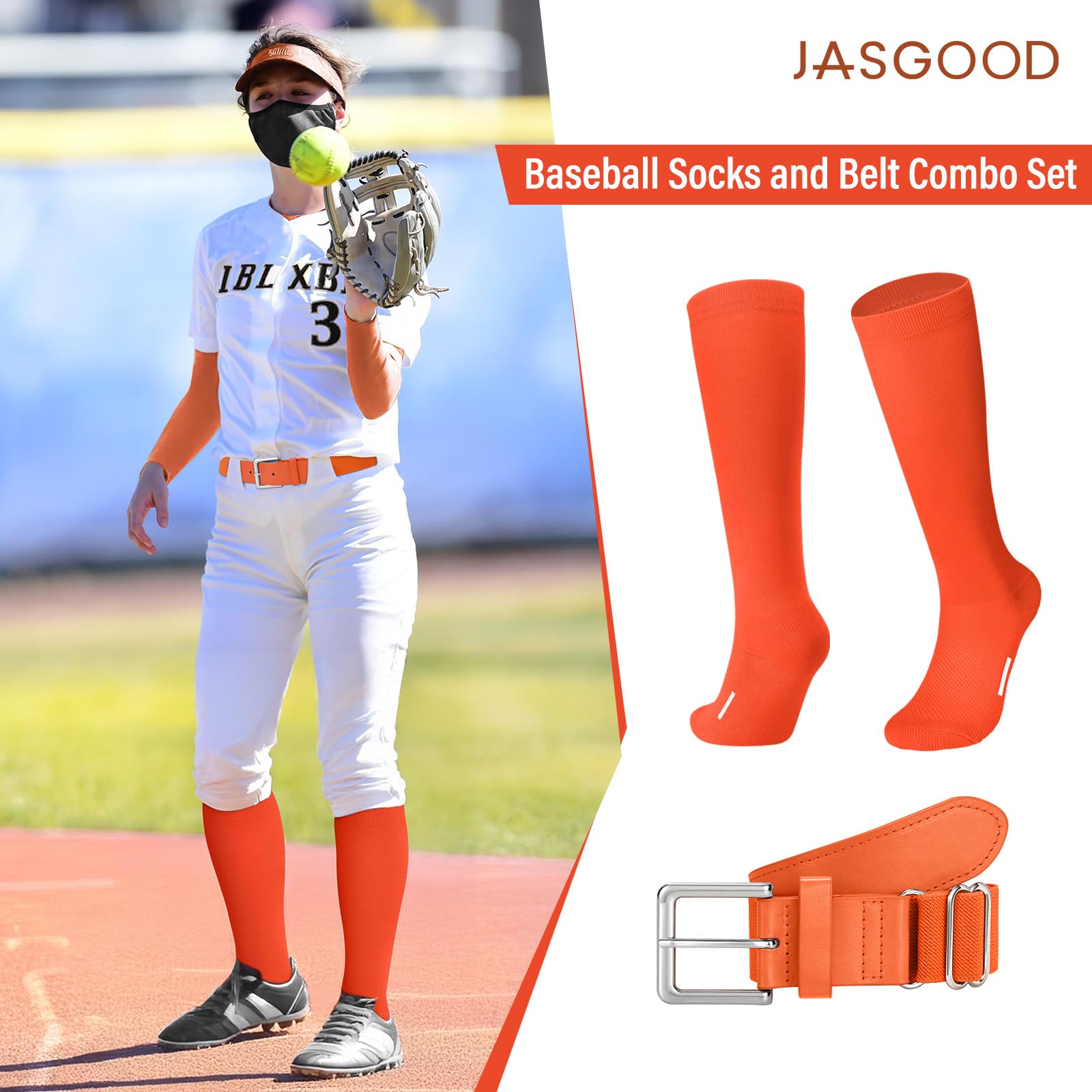 JASGOOD Baseball Softball Socks and Belt Combo Set Breathable Soccer Football Socks for Adult and Youth