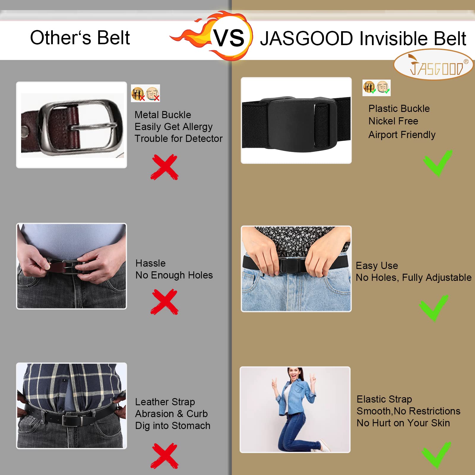 JASGOOD No Show Stretch Belt for Women Easily Adjustable Elastic Flat Buckle Belt